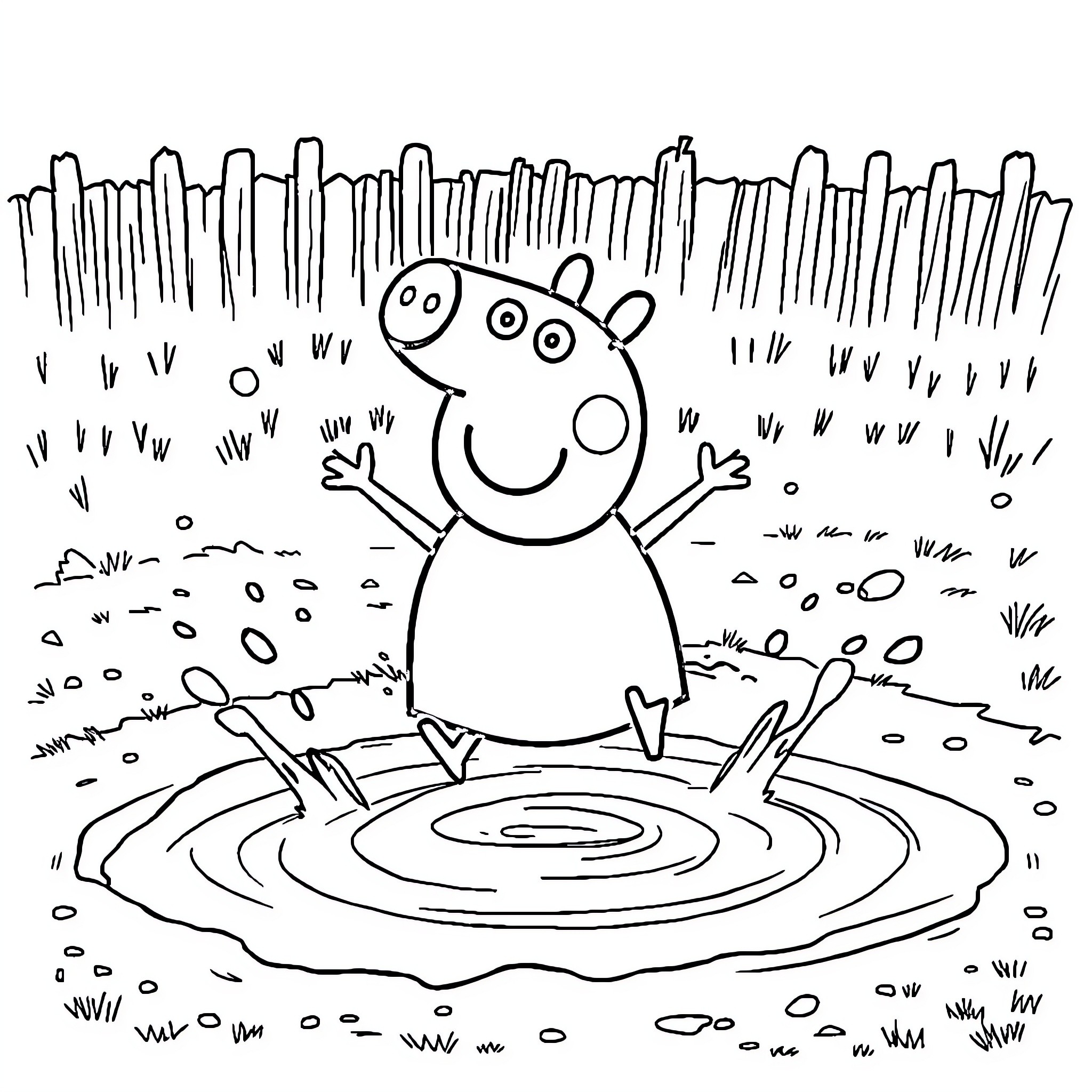 Peppa Pig splashing in a puddle Coloring Page (free black-and-white line drawing printable PDF for all, from beginners to advanced learners, including children, teens, adults, and seniors)
