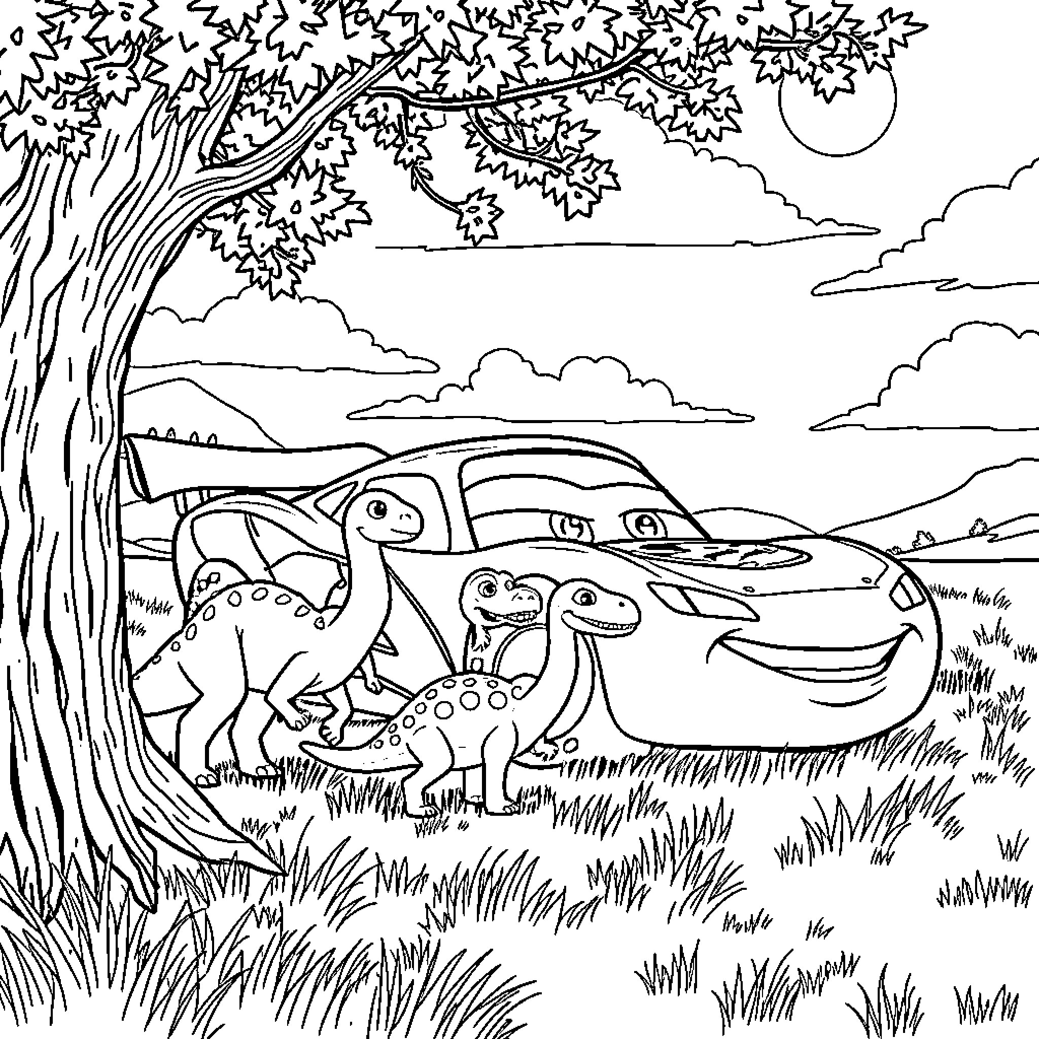 Lightning McQueen and dinosaurs enjoying nature scene Coloring Page (free black-and-white line drawing printable PDF for all, from beginners to advanced learners, including children, teens, adults, and seniors)