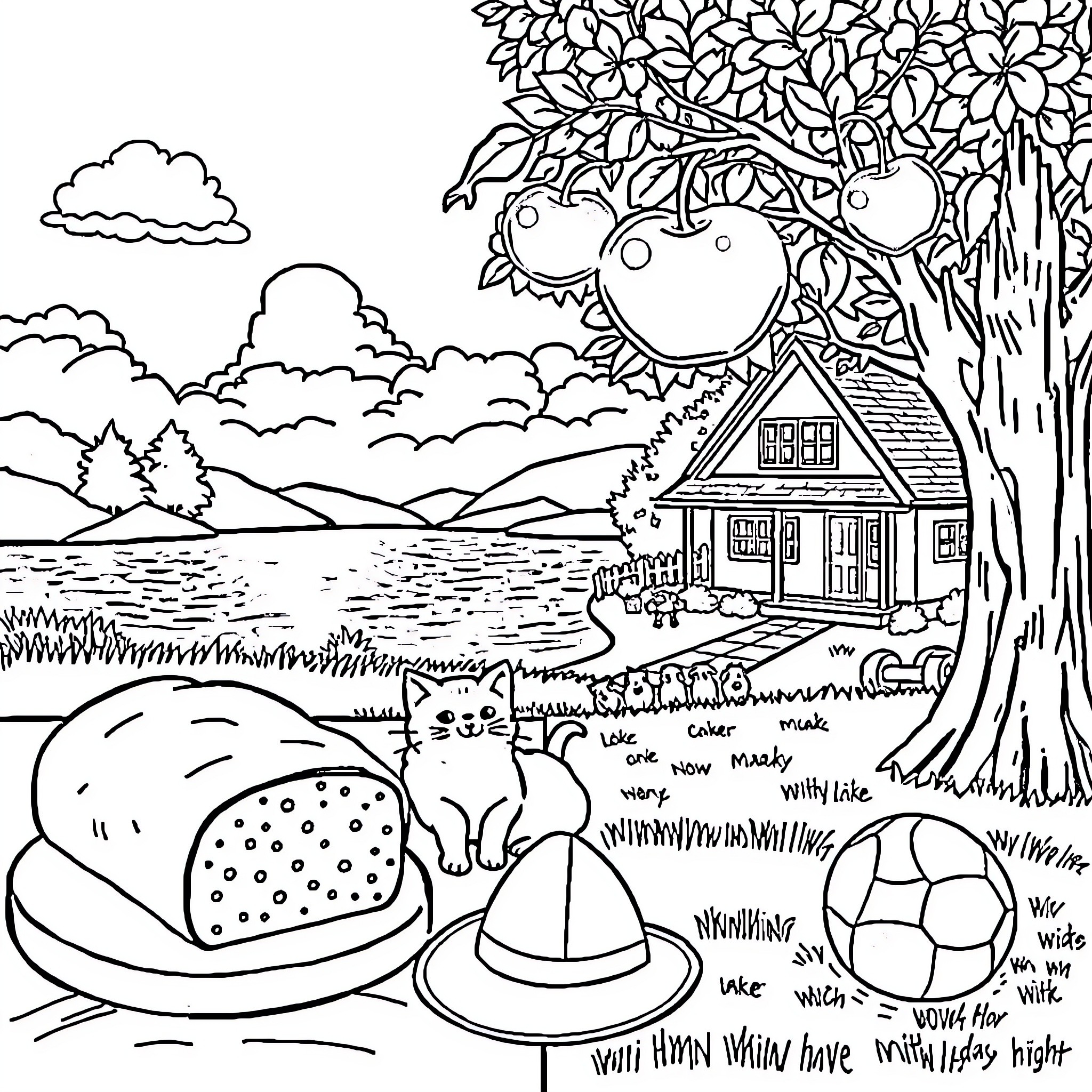 Object of a cozy cottage in a natural landscape Coloring Page (free black-and-white line drawing printable PDF for all, from beginners to advanced learners, including children, teens, adults, and seniors)