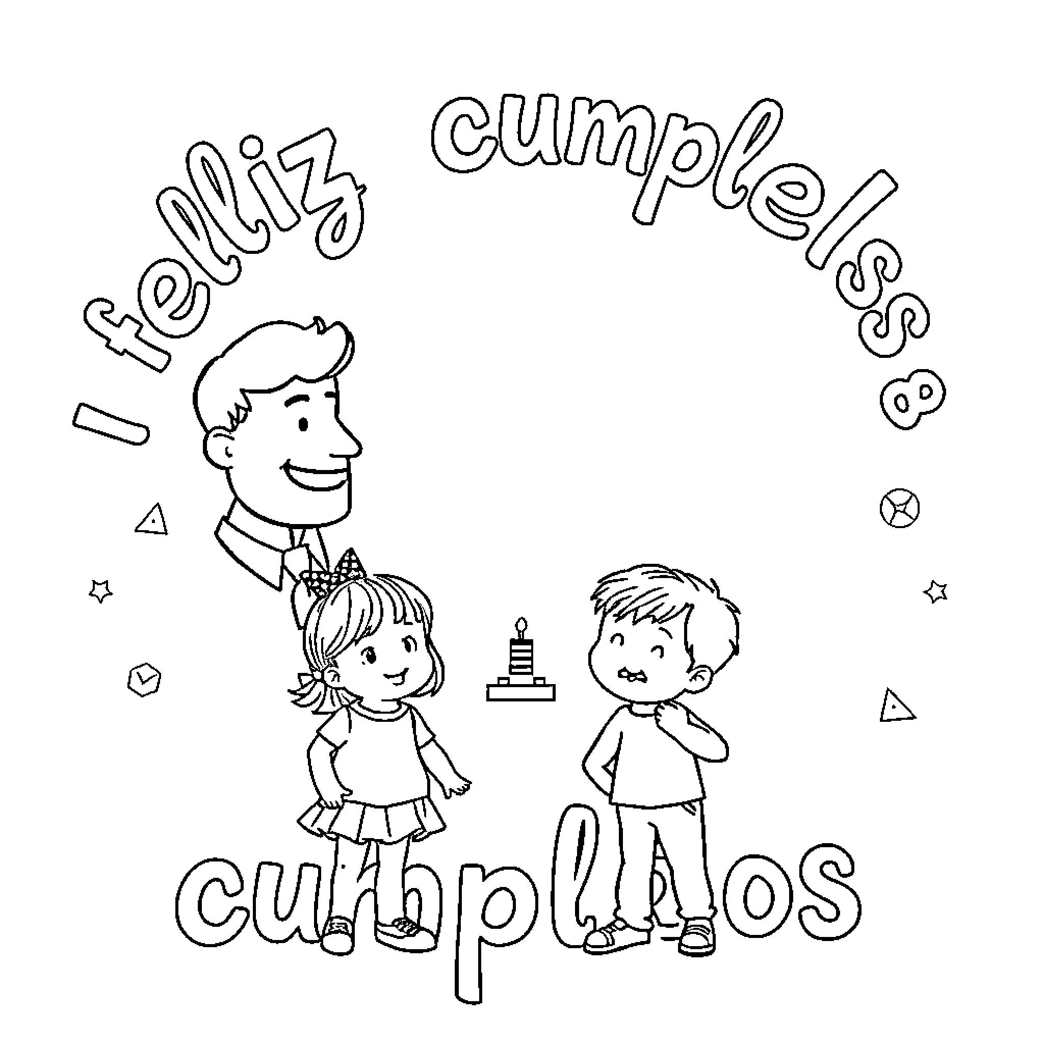 Tarjeta con niños celebrando Coloring Page (free black-and-white line drawing printable PDF for all, from beginners to advanced learners, including children, teens, adults, and seniors)