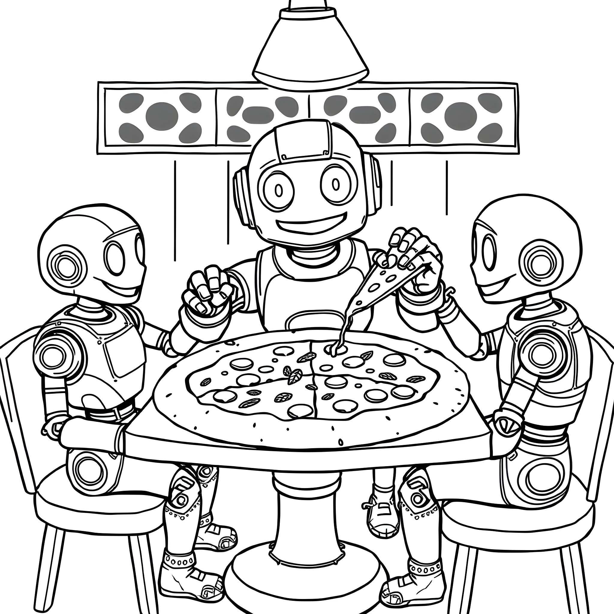 Robot friends enjoying a polka-dotted pizza party Coloring Page (free black-and-white line drawing printable PDF for all, from beginners to advanced learners, including children, teens, adults, and seniors)
