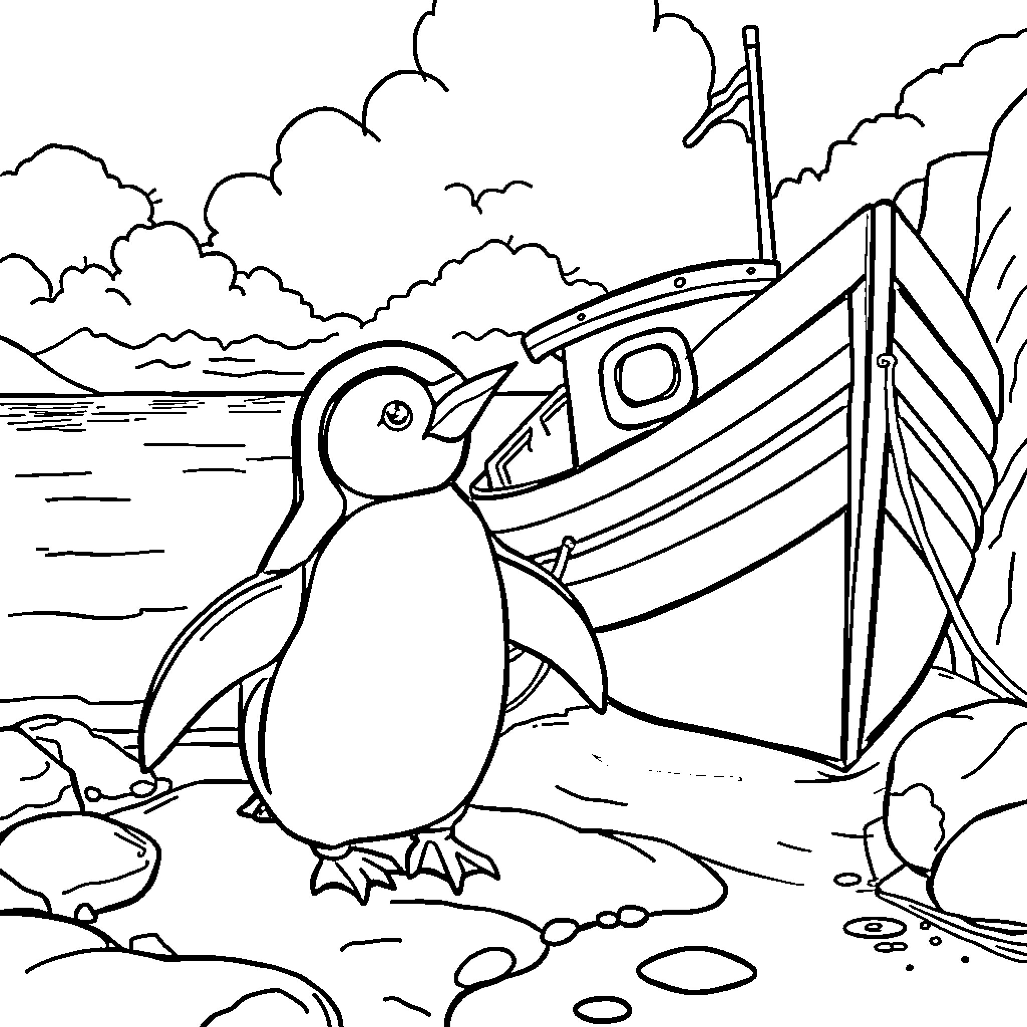 Penguin exploring the harbor near a fishing boat Coloring Page (free black-and-white line drawing printable PDF for all, from beginners to advanced learners, including children, teens, adults, and seniors)