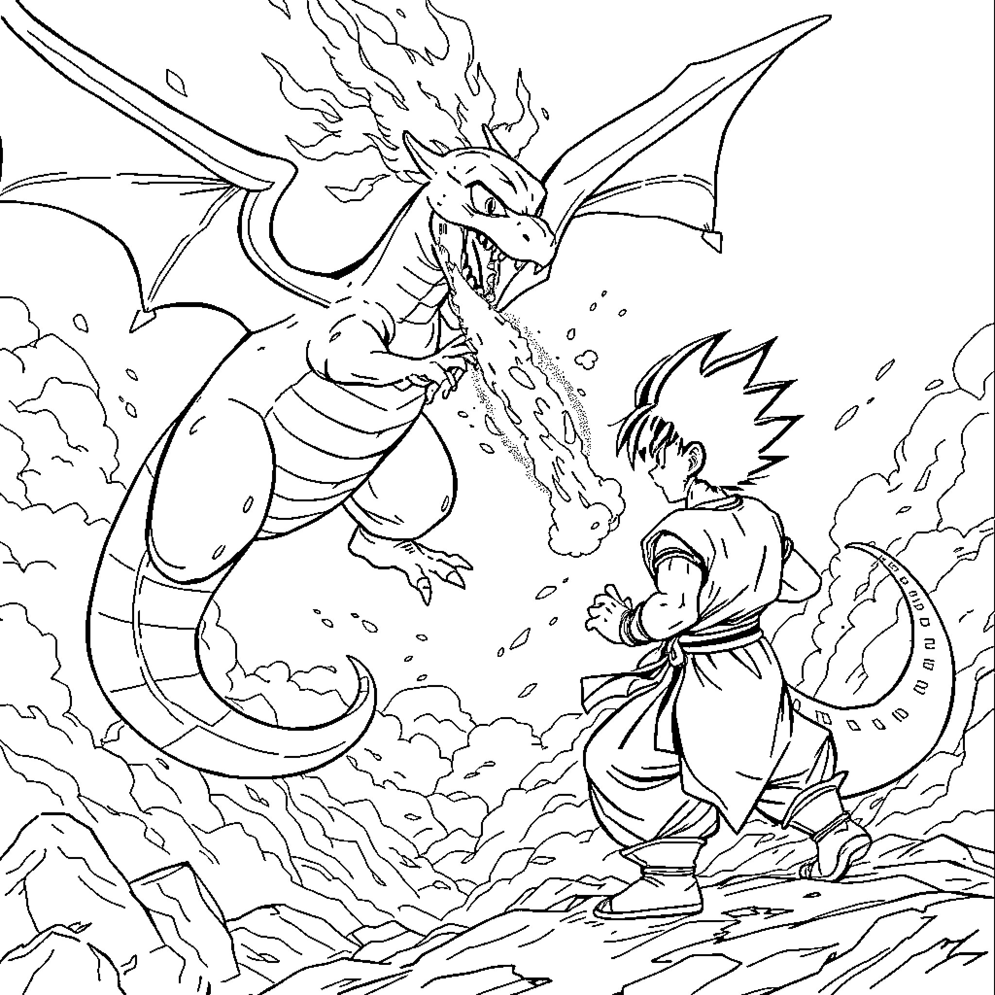 Charizard unleashing powerful fire attack against a determined warrior Coloring Page (free black-and-white line drawing printable PDF for all, from beginners to advanced learners, including children, teens, adults, and seniors)