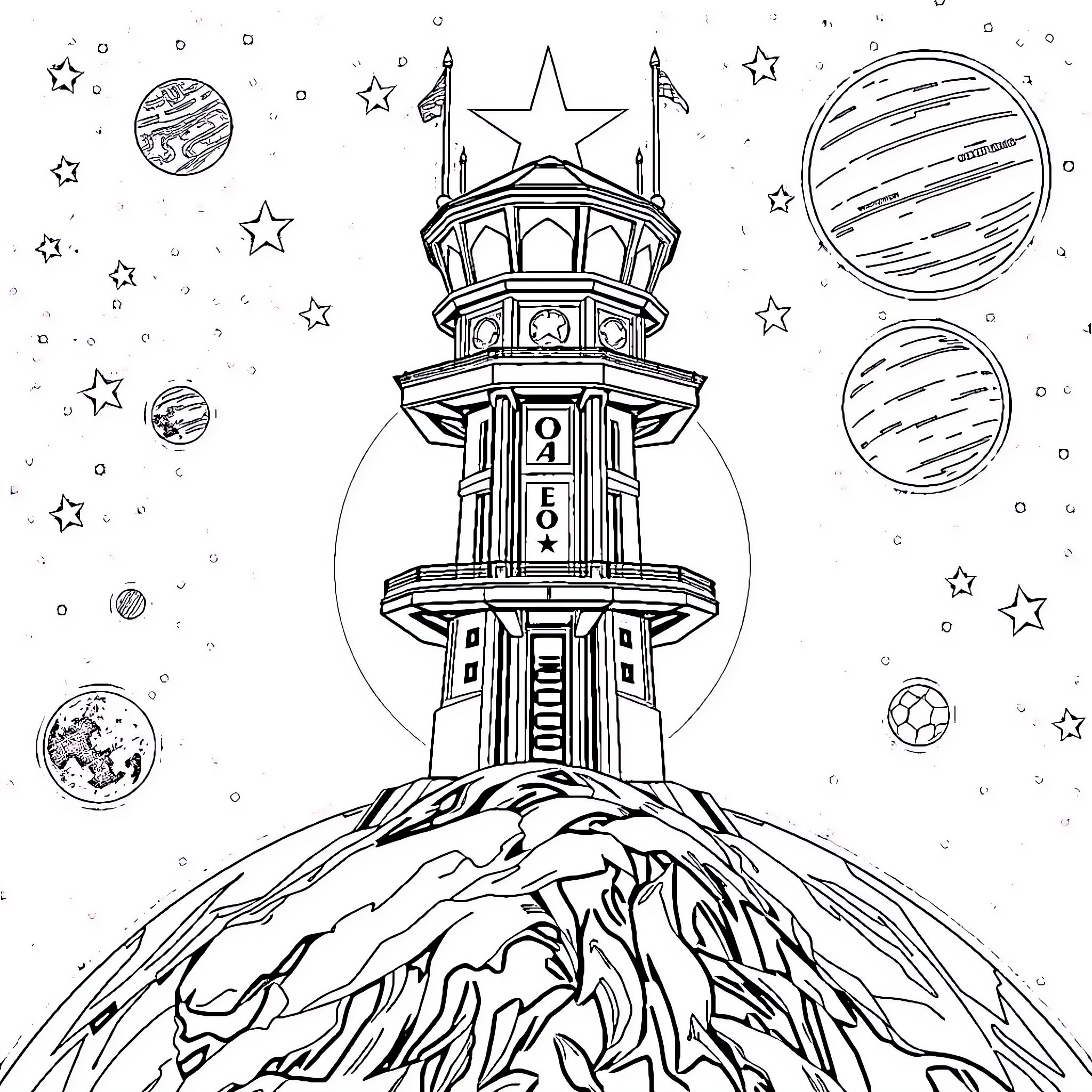 Justice League Cosmic Tower Exploration Coloring Page (free black-and-white line drawing printable PDF for all, from beginners to advanced learners, including children, teens, adults, and seniors)