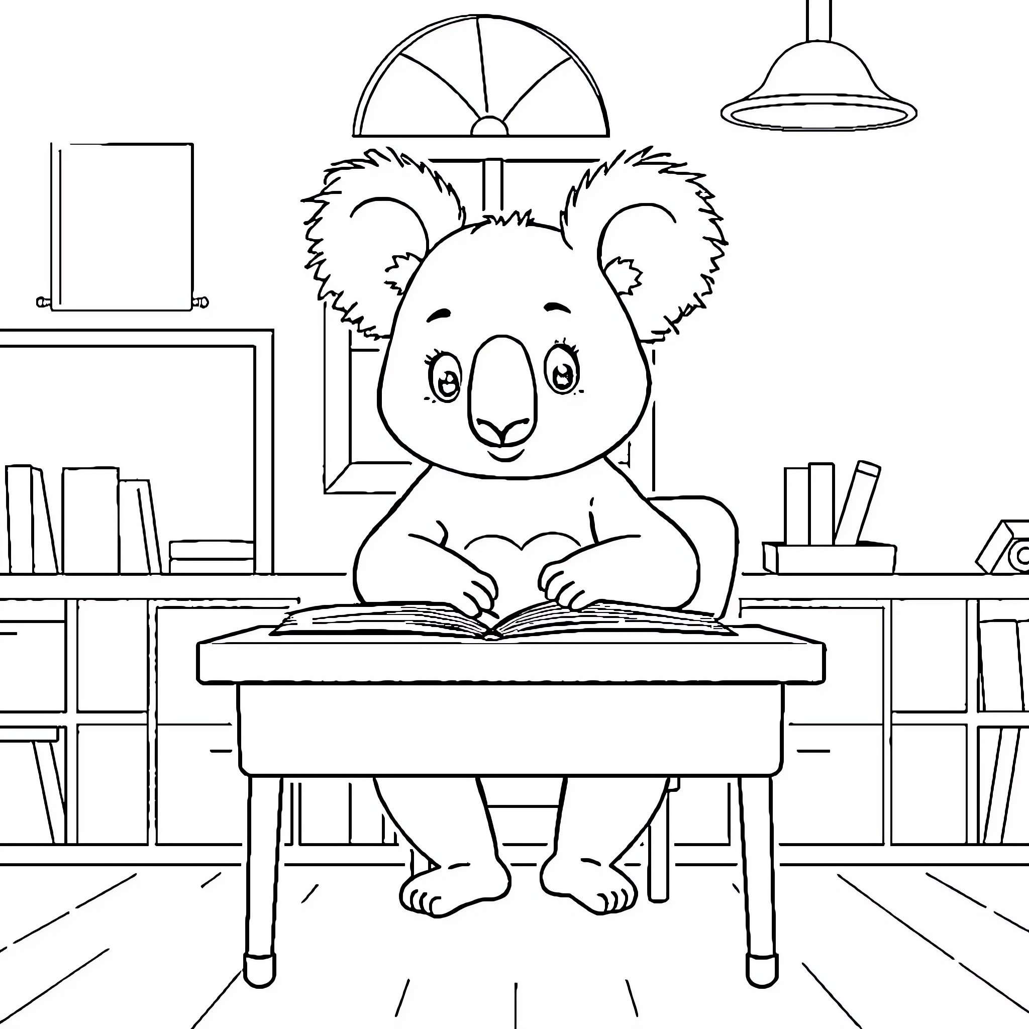 Koala studying diligently at desk Coloring Page (free black-and-white line drawing printable PDF for all, from beginners to advanced learners, including children, teens, adults, and seniors)