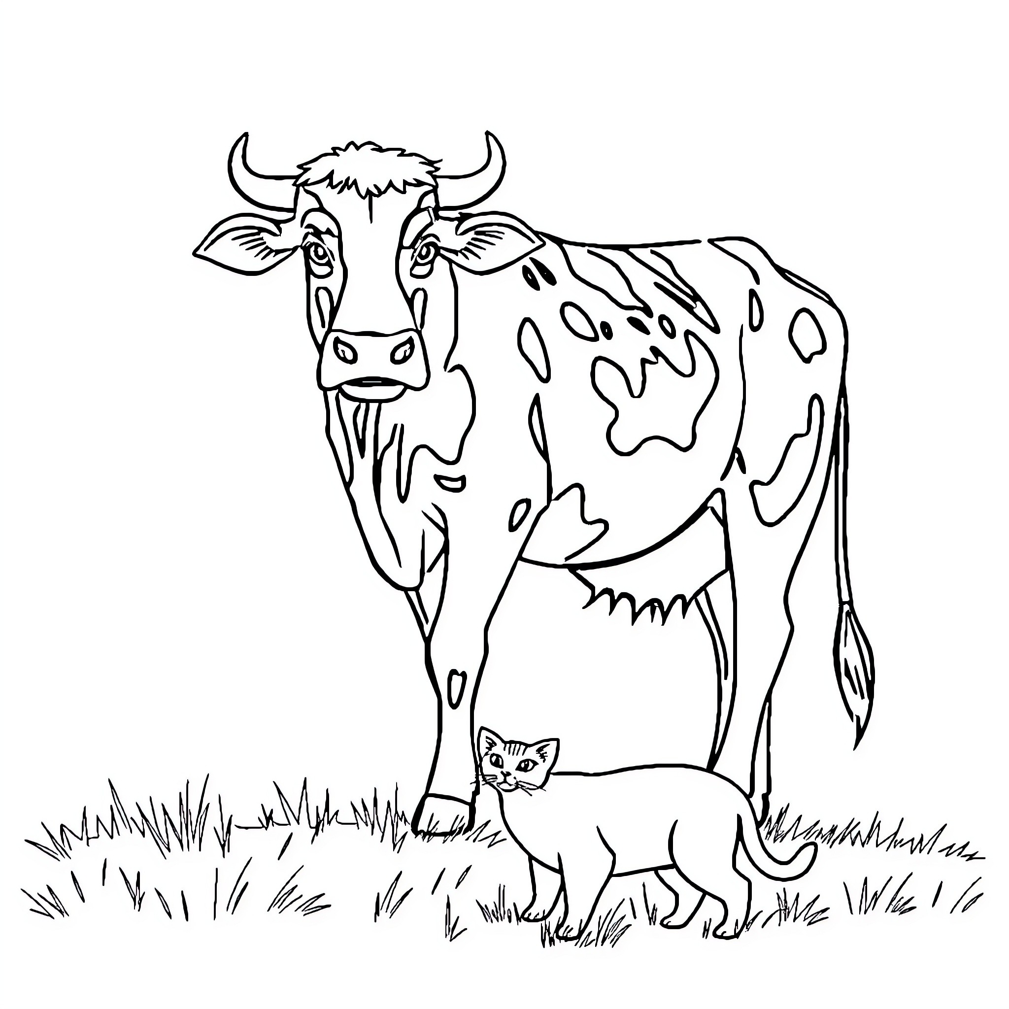 Cow and Curious Cat in Grassy Field Coloring Page (free black-and-white line drawing printable PDF for all, from beginners to advanced learners, including children, teens, adults, and seniors)