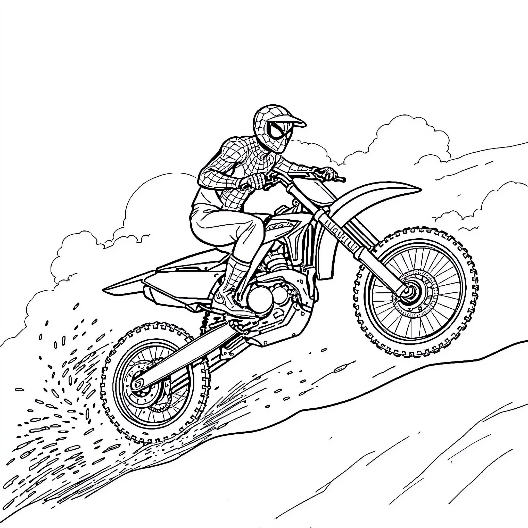 Spiderman riding dirt bike over rough terrain Coloring Page (free black-and-white line drawing printable PDF for all, from beginners to advanced learners, including children, teens, adults, and seniors)