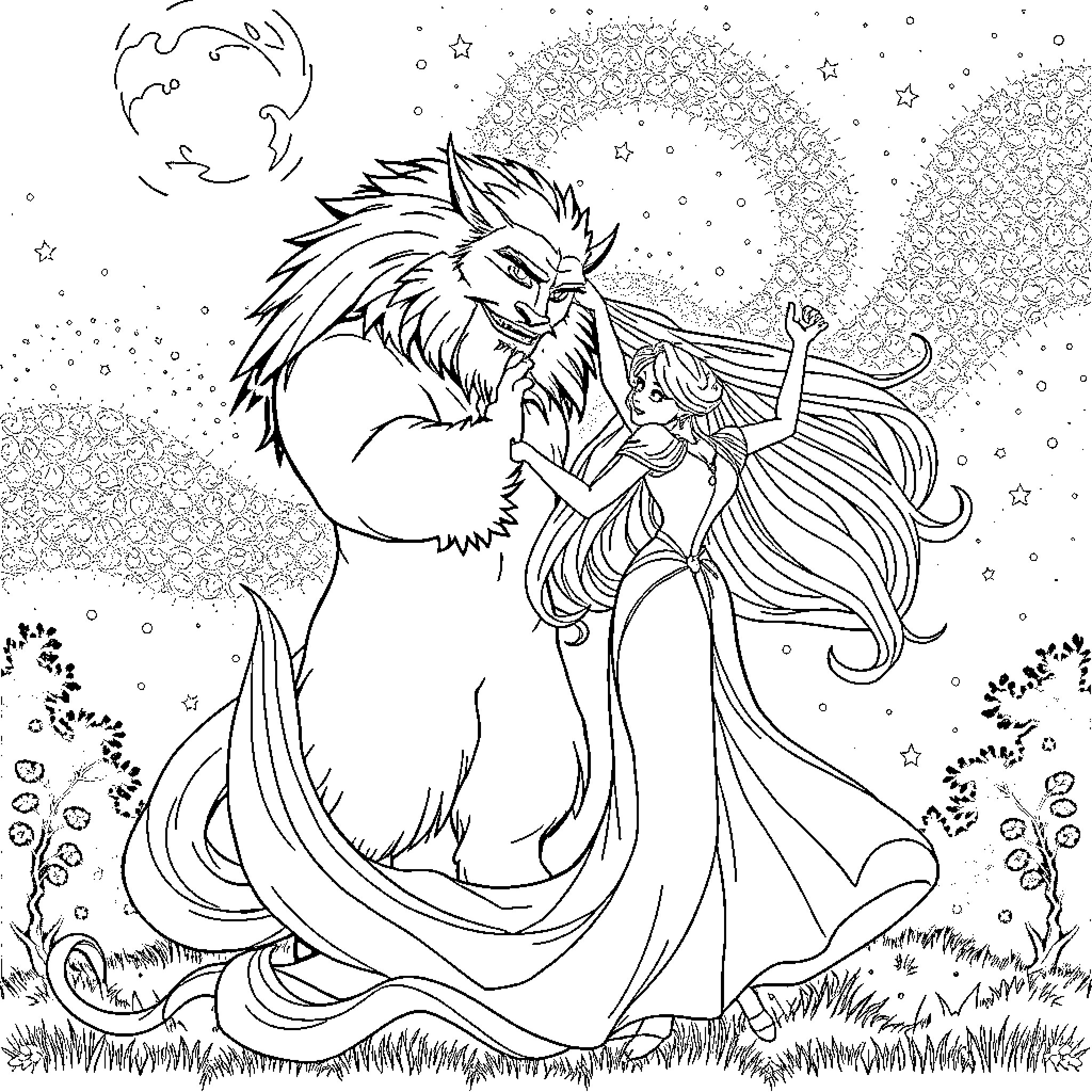 Rapunzel enchanting a magical wolf under the starry sky Coloring Page (free black-and-white line drawing printable PDF for all, from beginners to advanced learners, including children, teens, adults, and seniors)