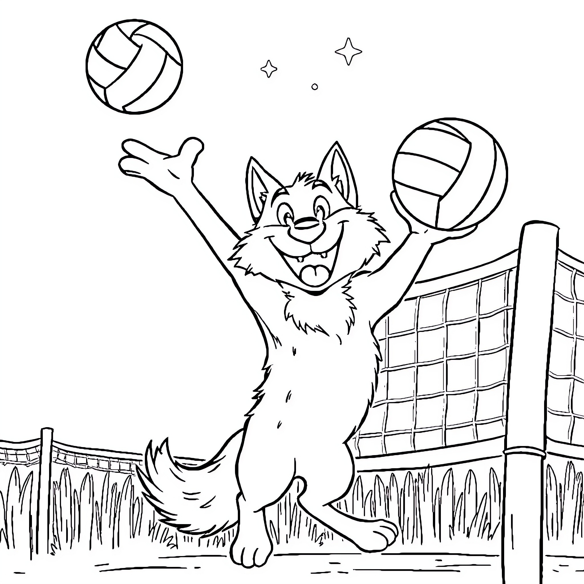 Wolf playing with volleyball on the court Coloring Page (free black-and-white line drawing printable PDF for all, from beginners to advanced learners, including children, teens, adults, and seniors)