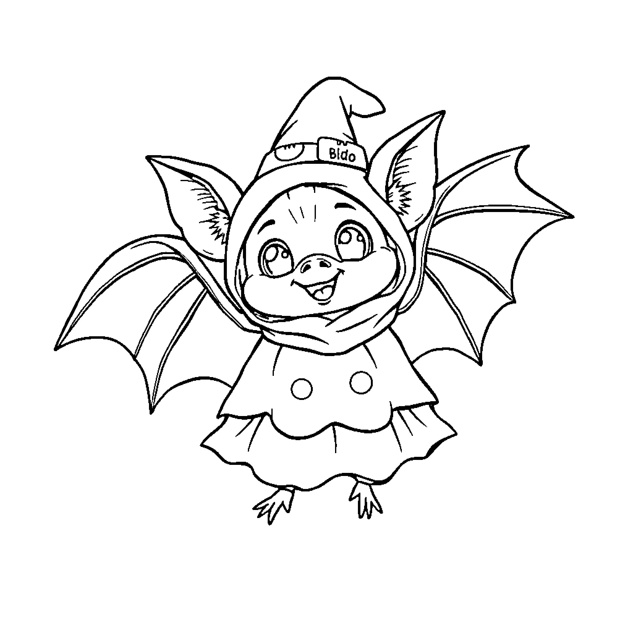 Bat Creature Dressed in Costume Coloring Page (free black-and-white line drawing printable PDF for all, from beginners to advanced learners, including children, teens, adults, and seniors)