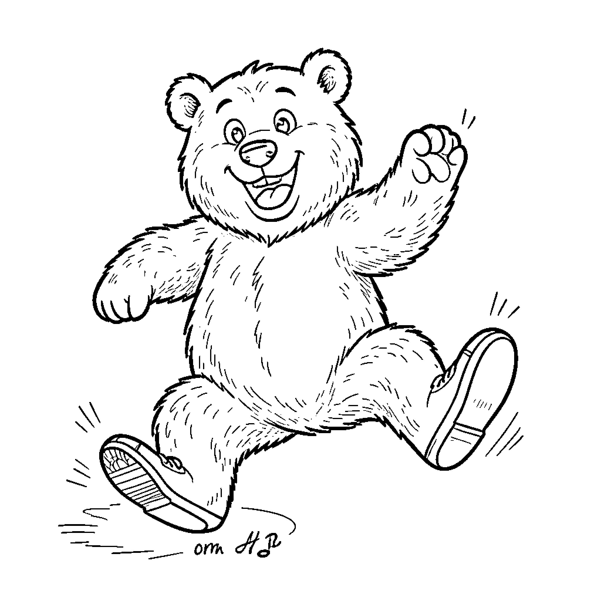 Bear playing joyfully in the meadow Coloring Page (free black-and-white line drawing printable PDF for all, from beginners to advanced learners, including children, teens, adults, and seniors)