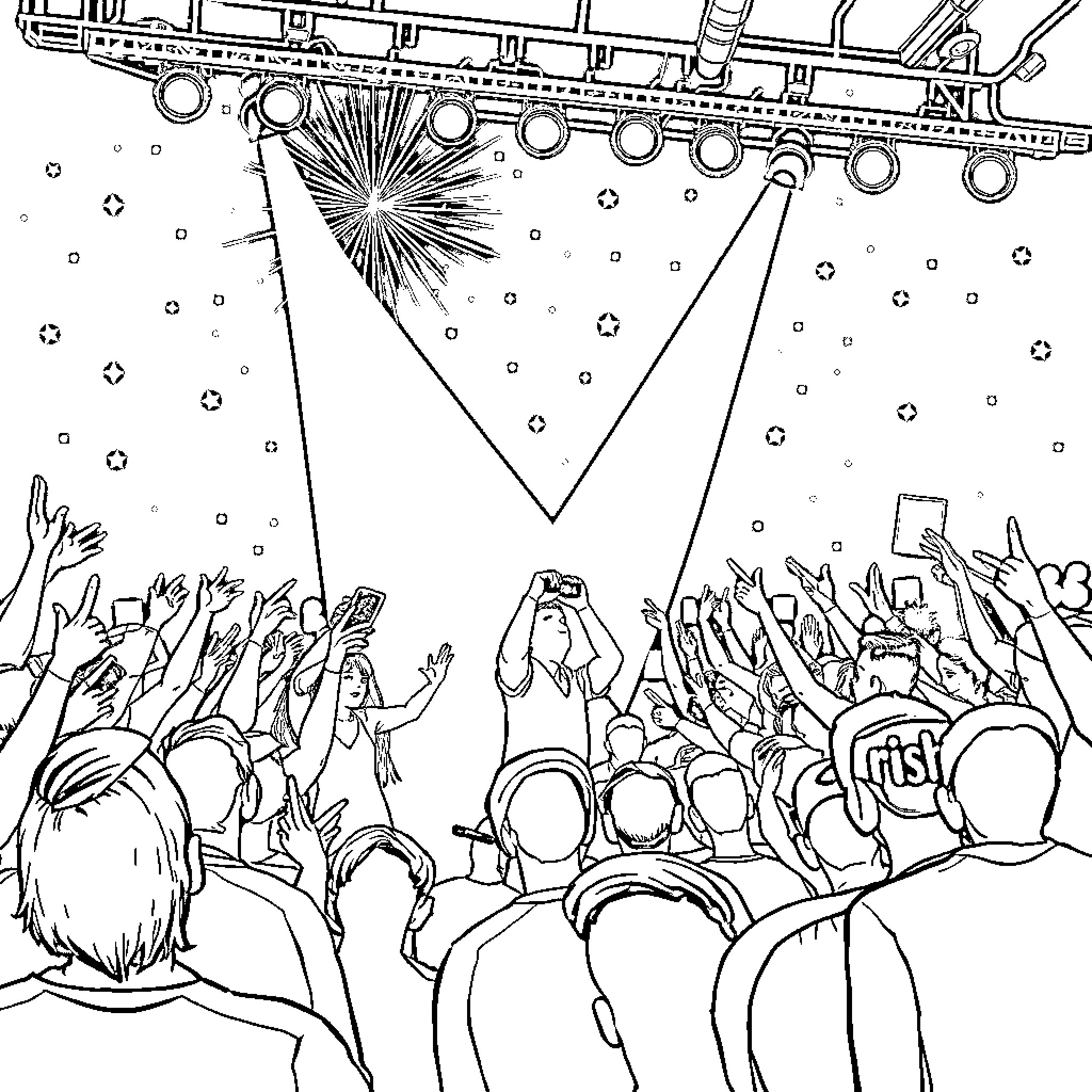 Pop Concert with Energetic Crowd and Vibrant Lighting Coloring Page (free black-and-white line drawing printable PDF for all, from beginners to advanced learners, including children, teens, adults, and seniors)