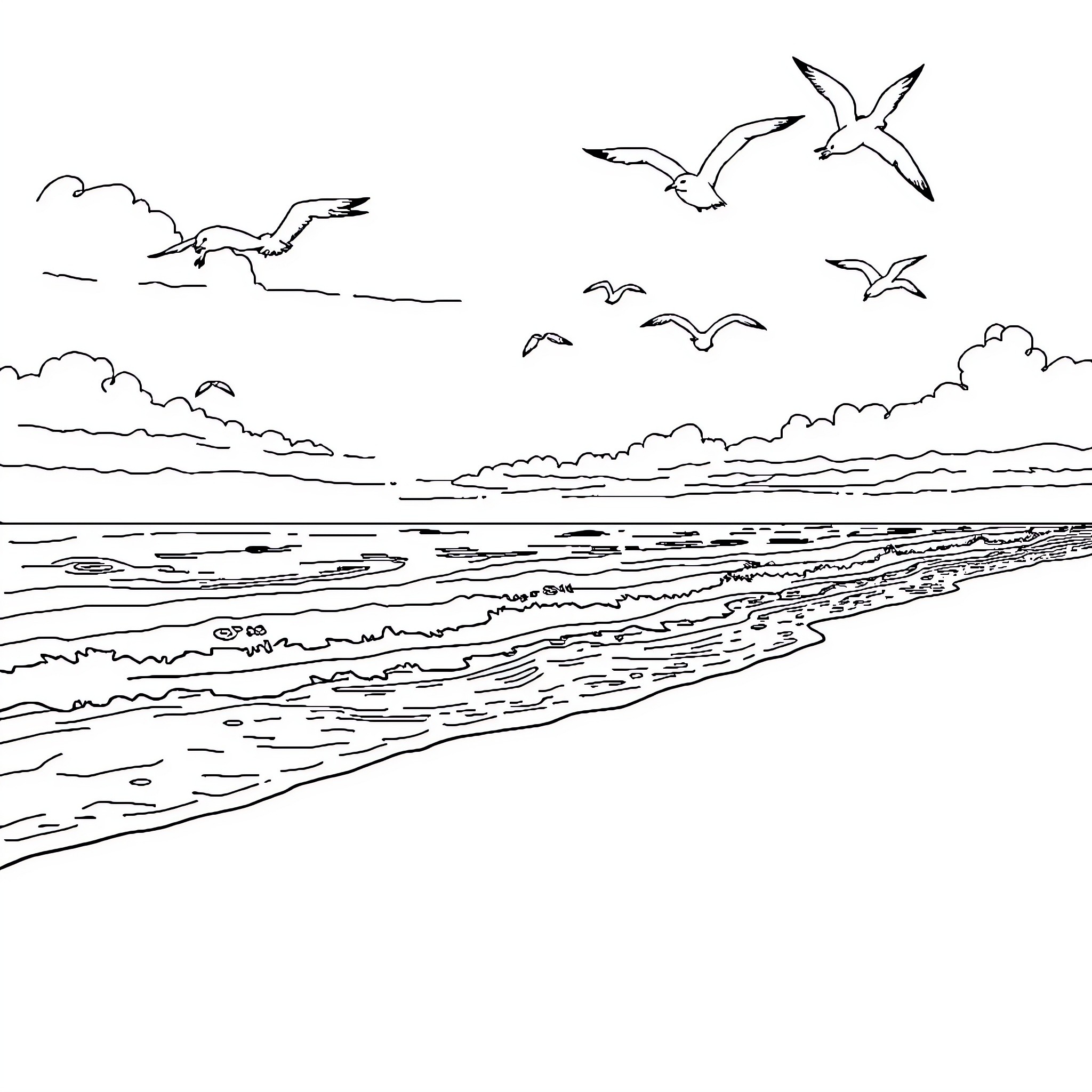 Beach scene with flying seagulls Coloring Page (free black-and-white line drawing printable PDF for all, from beginners to advanced learners, including children, teens, adults, and seniors)