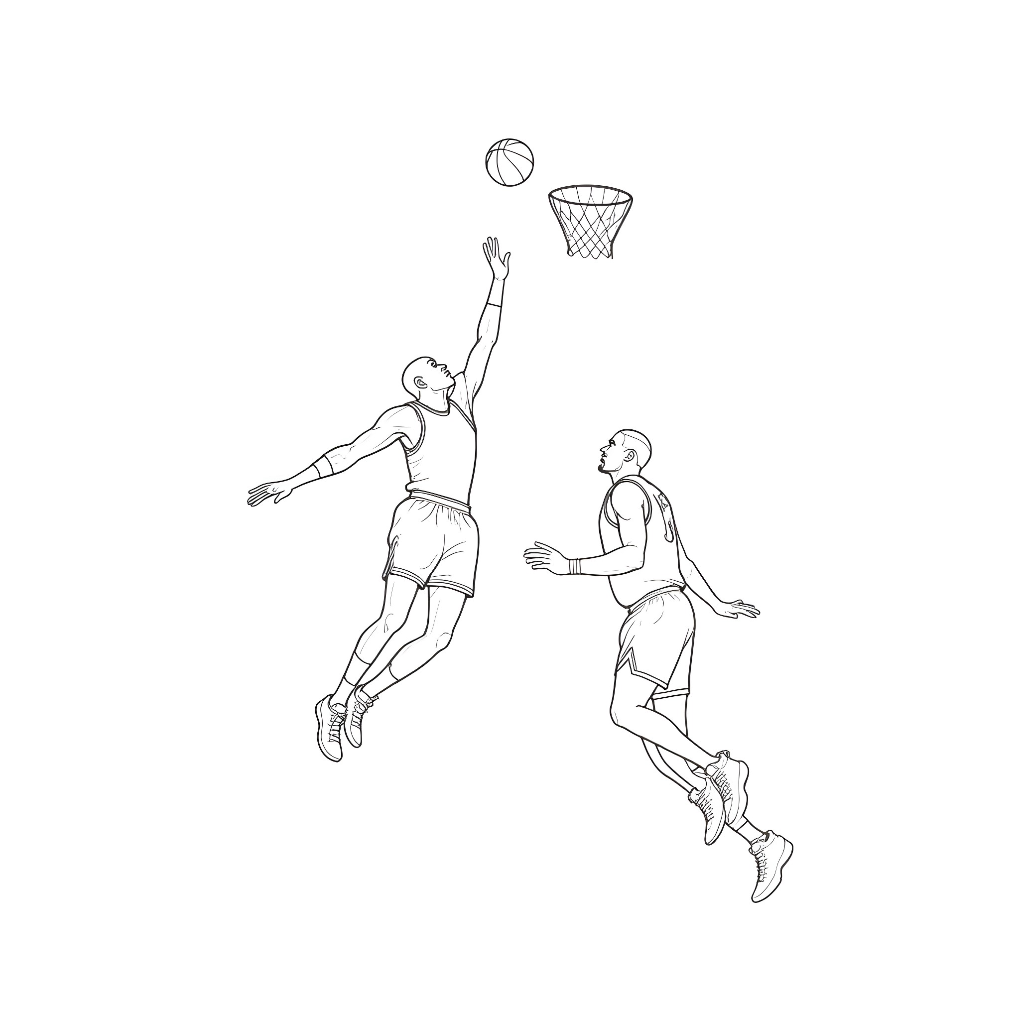 Michael Jordan Performing Basketball Slam Dunk Coloring Page (free black-and-white line drawing printable PDF for all, from beginners to advanced learners, including children, teens, adults, and seniors)