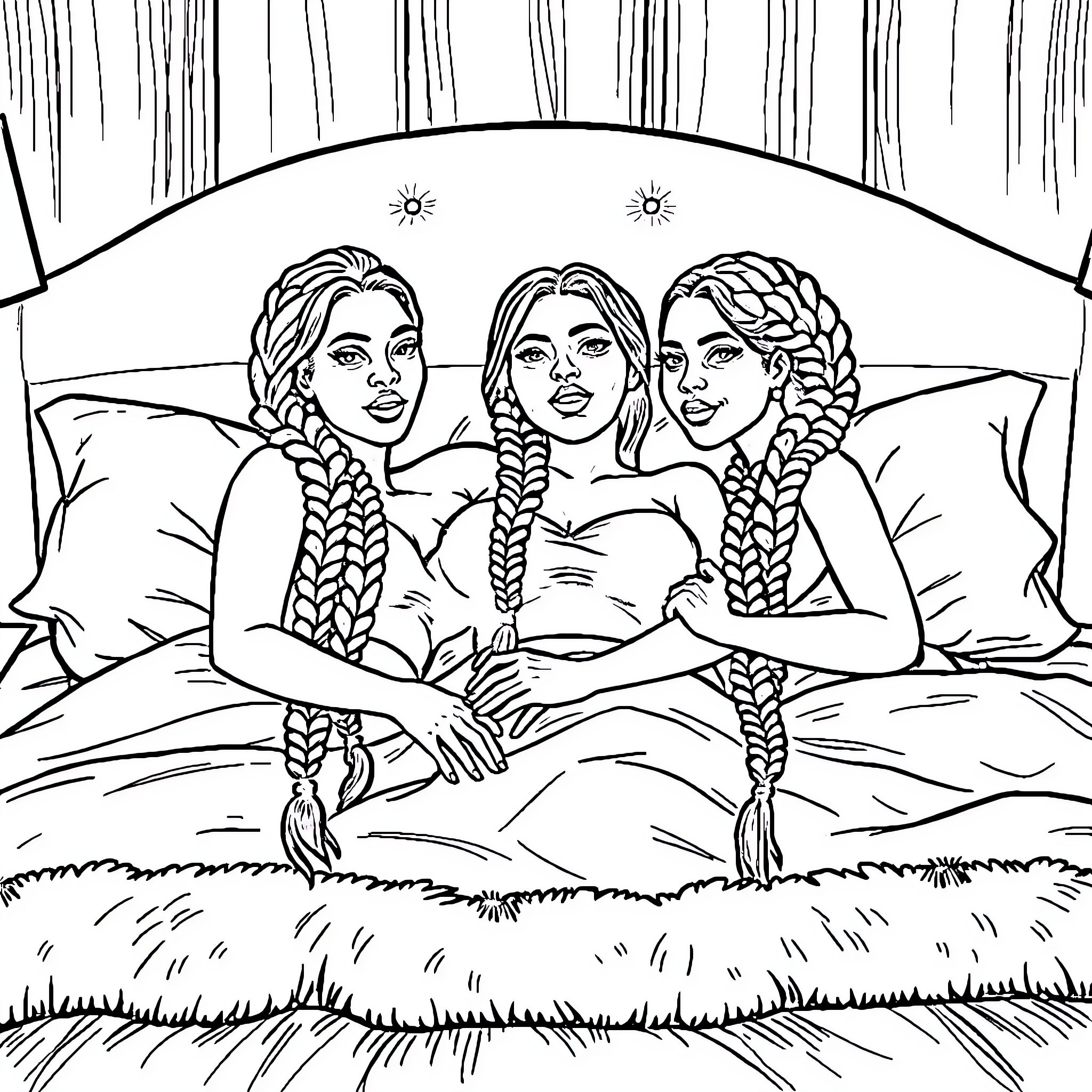 Women sitting together in a tranquil outdoor setting Coloring Page (free black-and-white line drawing printable PDF for all, from beginners to advanced learners, including children, teens, adults, and seniors)