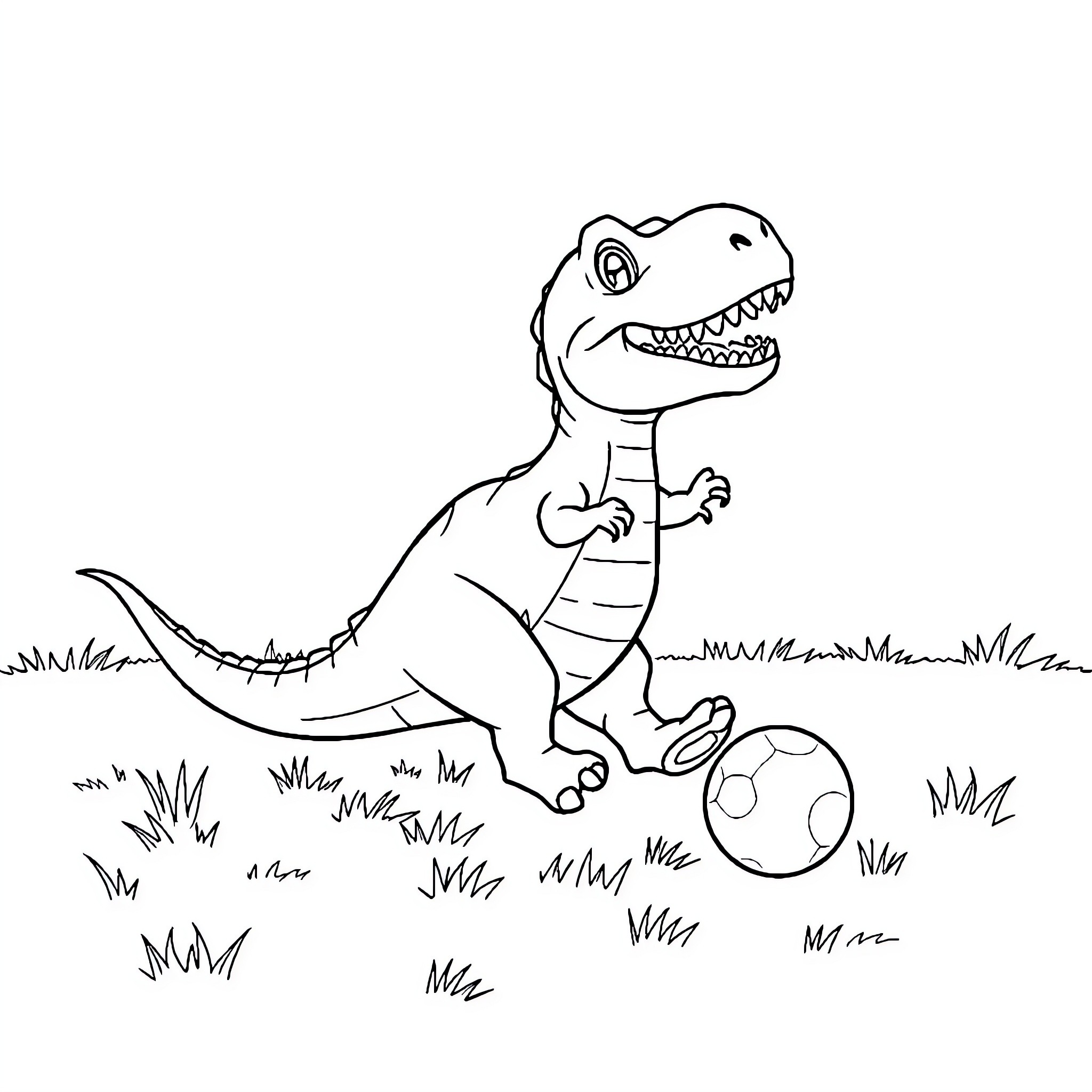 Dinosaur playing with ball in field Coloring Page (free black-and-white line drawing printable PDF for all, from beginners to advanced learners, including children, teens, adults, and seniors)