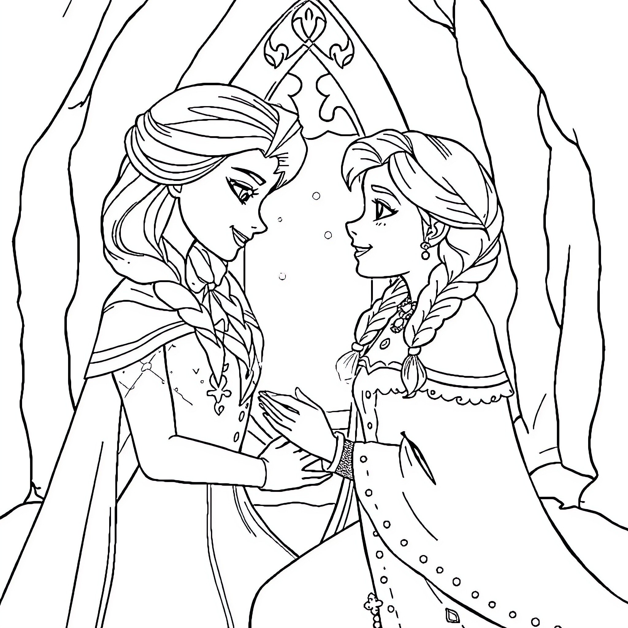 Elsa and Anna in Magical Winter Embrace Coloring Page (free black-and-white line drawing printable PDF for all, from beginners to advanced learners, including children, teens, adults, and seniors)
