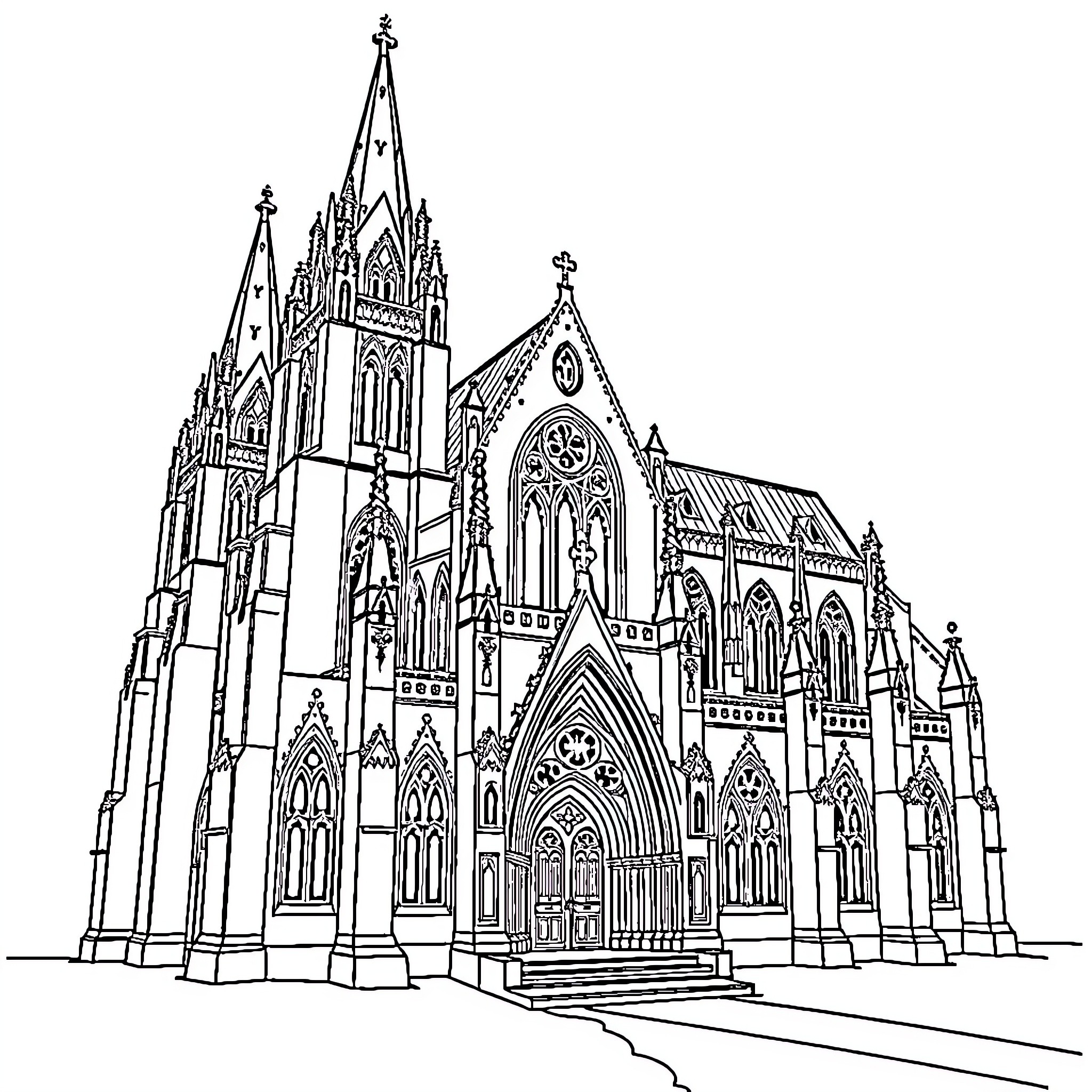 Gothic Cathedral with Ornate Architectural Details Coloring Page (free black-and-white line drawing printable PDF for all, from beginners to advanced learners, including children, teens, adults, and seniors)