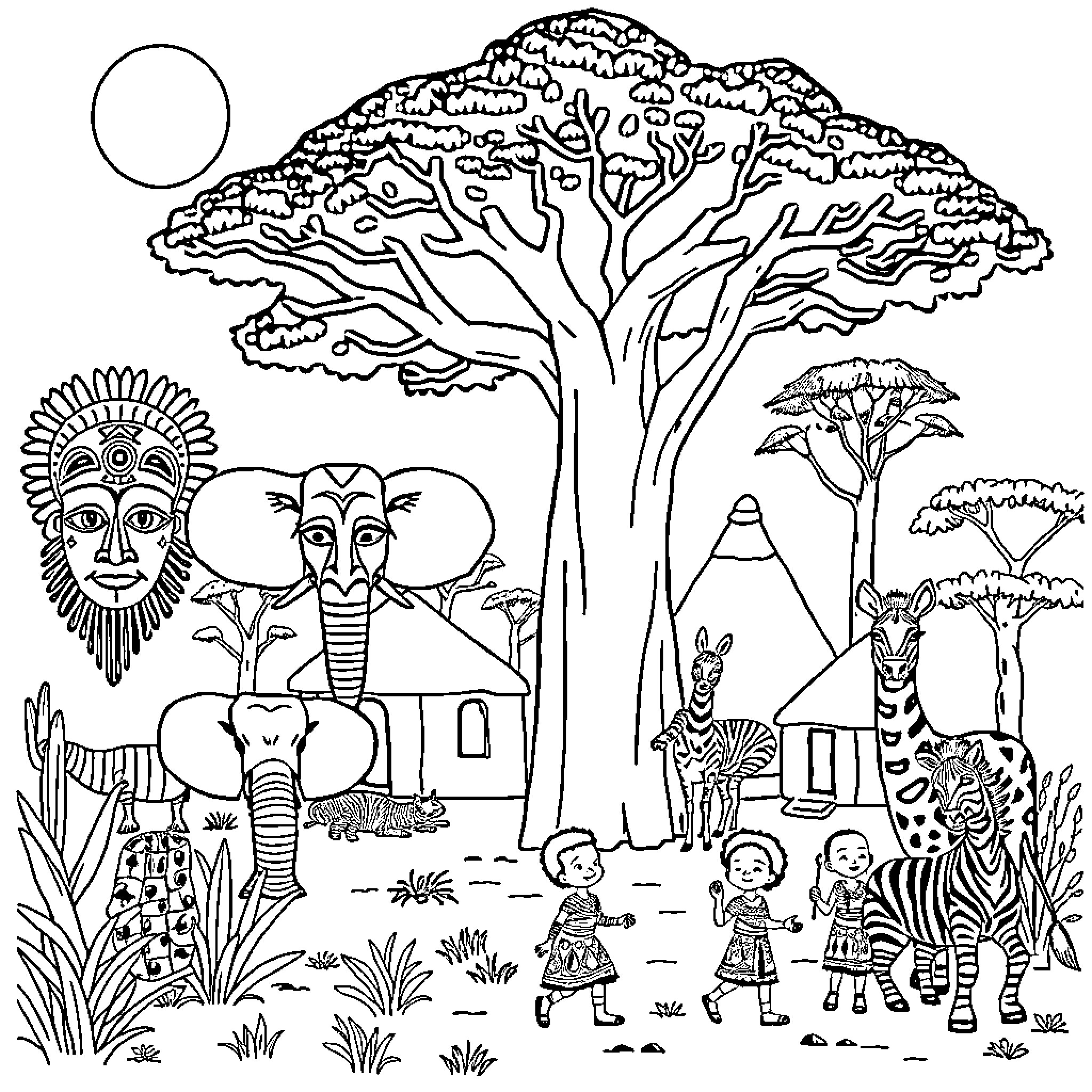 African Community Life in Vibrant Landscape Coloring Page (free black-and-white line drawing printable PDF for all, from beginners to advanced learners, including children, teens, adults, and seniors)