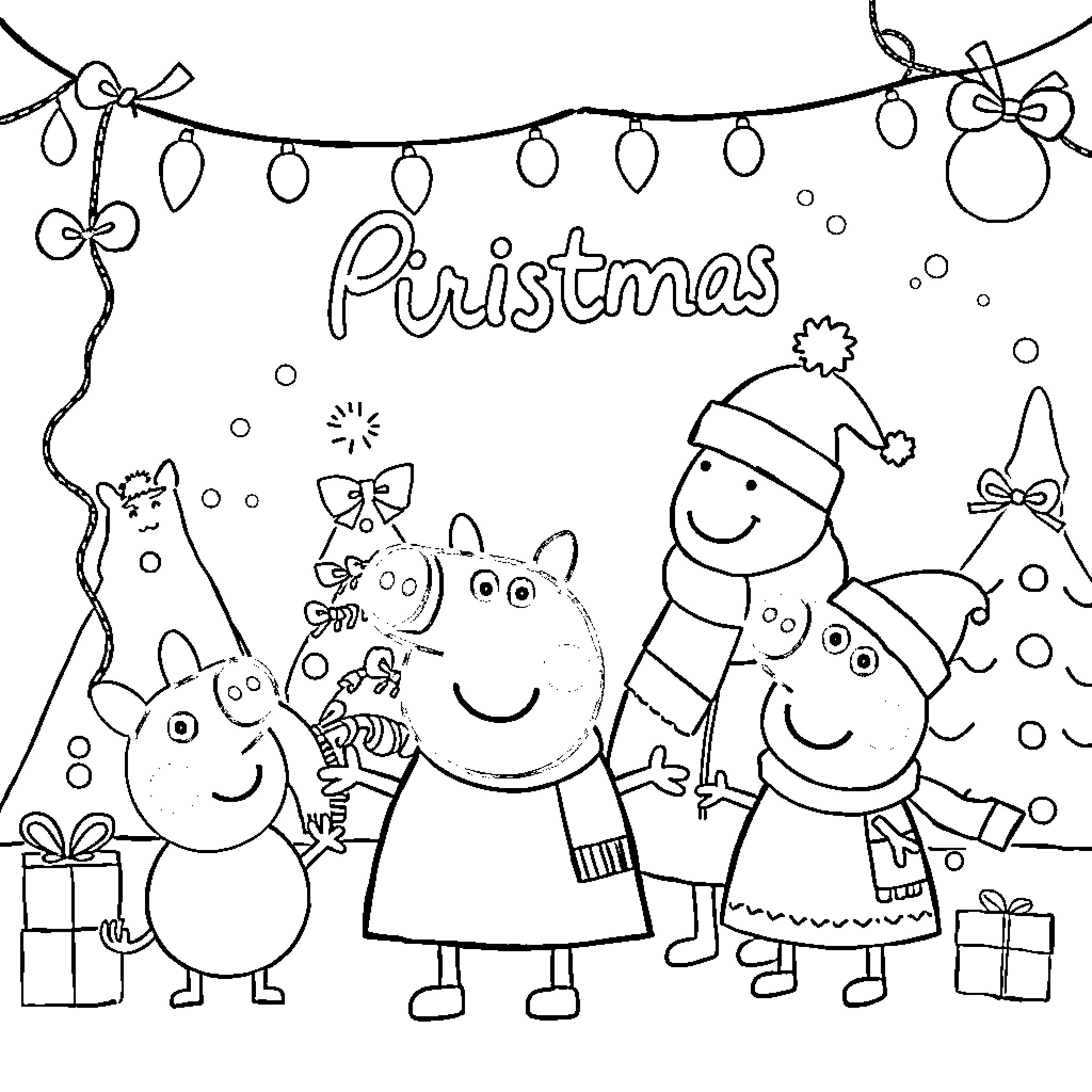 Peppa Pig and family celebrate Christmas Coloring Page (free black-and-white line drawing printable PDF for all, from beginners to advanced learners, including children, teens, adults, and seniors)