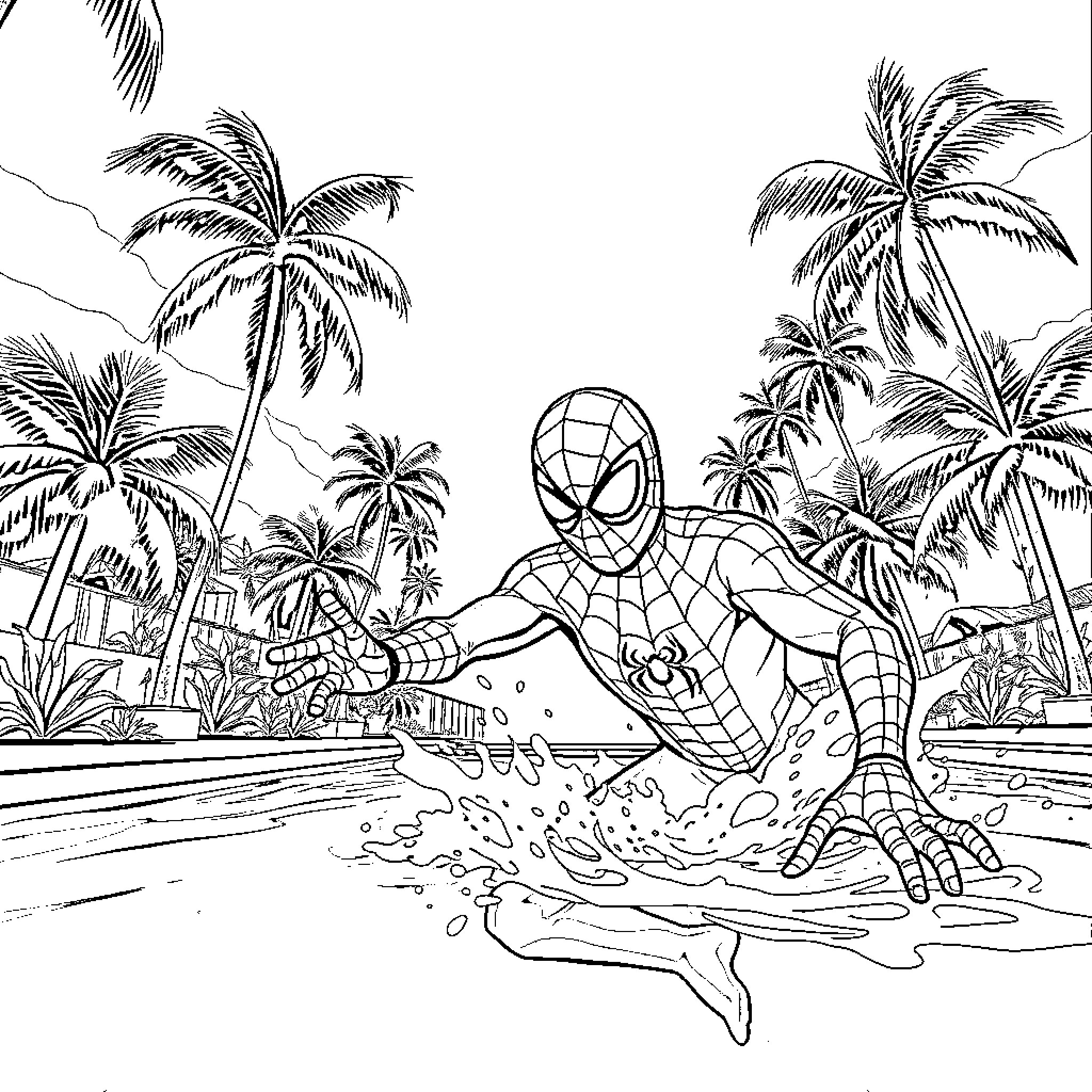 Spiderman swings through tropical beach paradise Coloring Page (free black-and-white line drawing printable PDF for all, from beginners to advanced learners, including children, teens, adults, and seniors)
