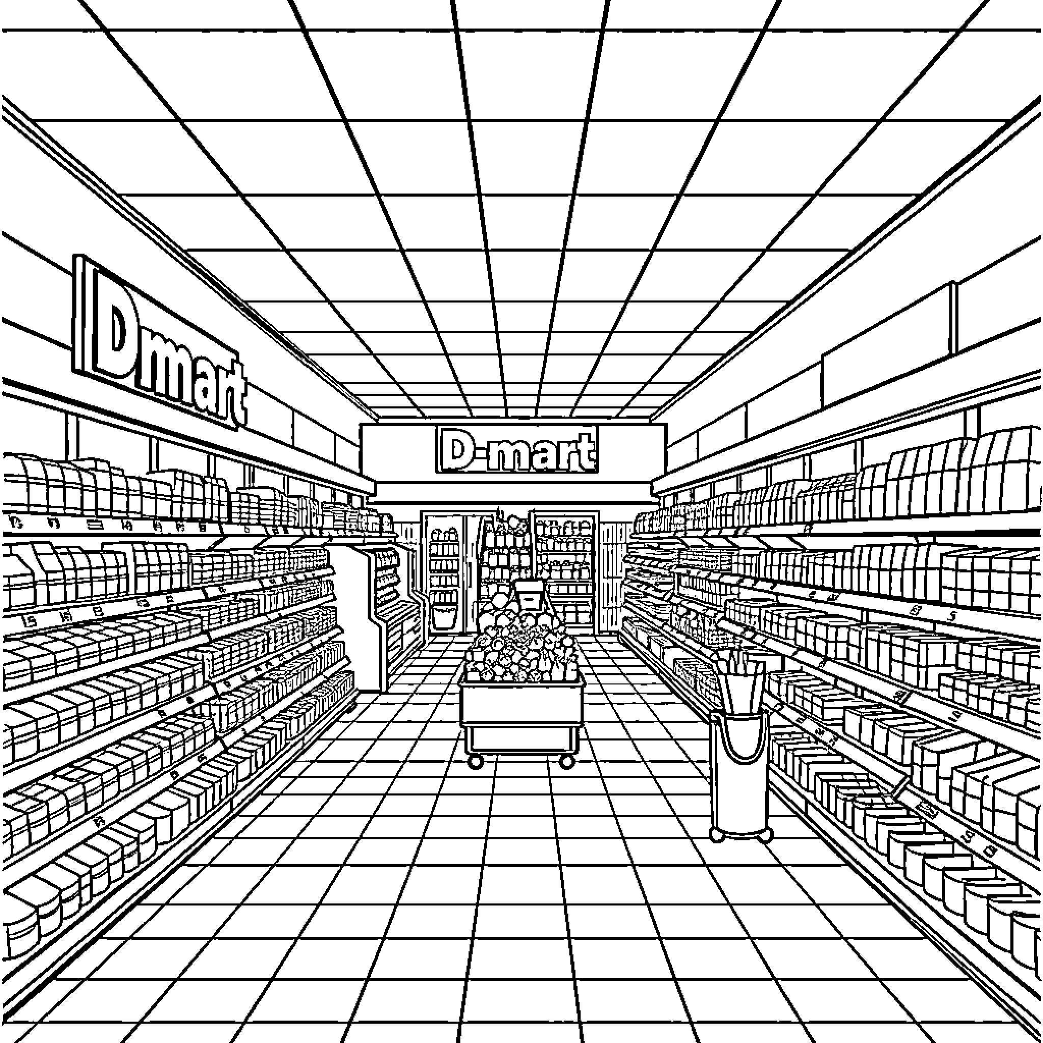 Dmart Retail Store Aisle with Shelves and Shopping Cart Coloring Page (free black-and-white line drawing printable PDF for all, from beginners to advanced learners, including children, teens, adults, and seniors)
