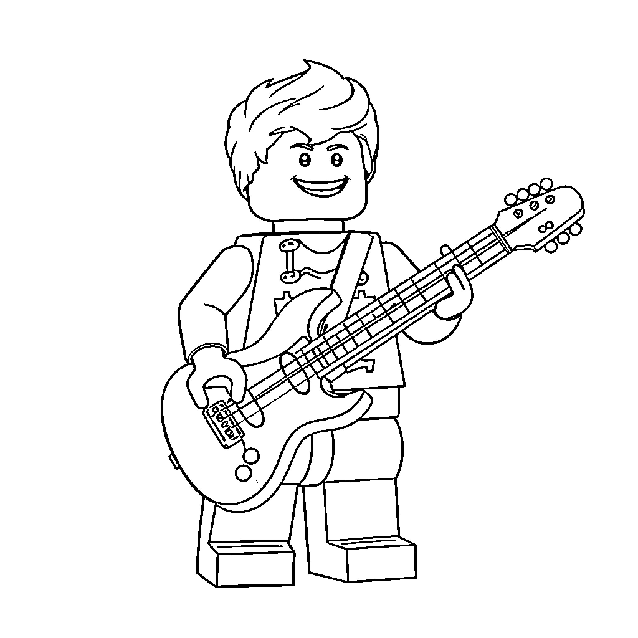 Lego Man Playing Guitar Happily Coloring Page (free black-and-white line drawing printable PDF for all, from beginners to advanced learners, including children, teens, adults, and seniors)