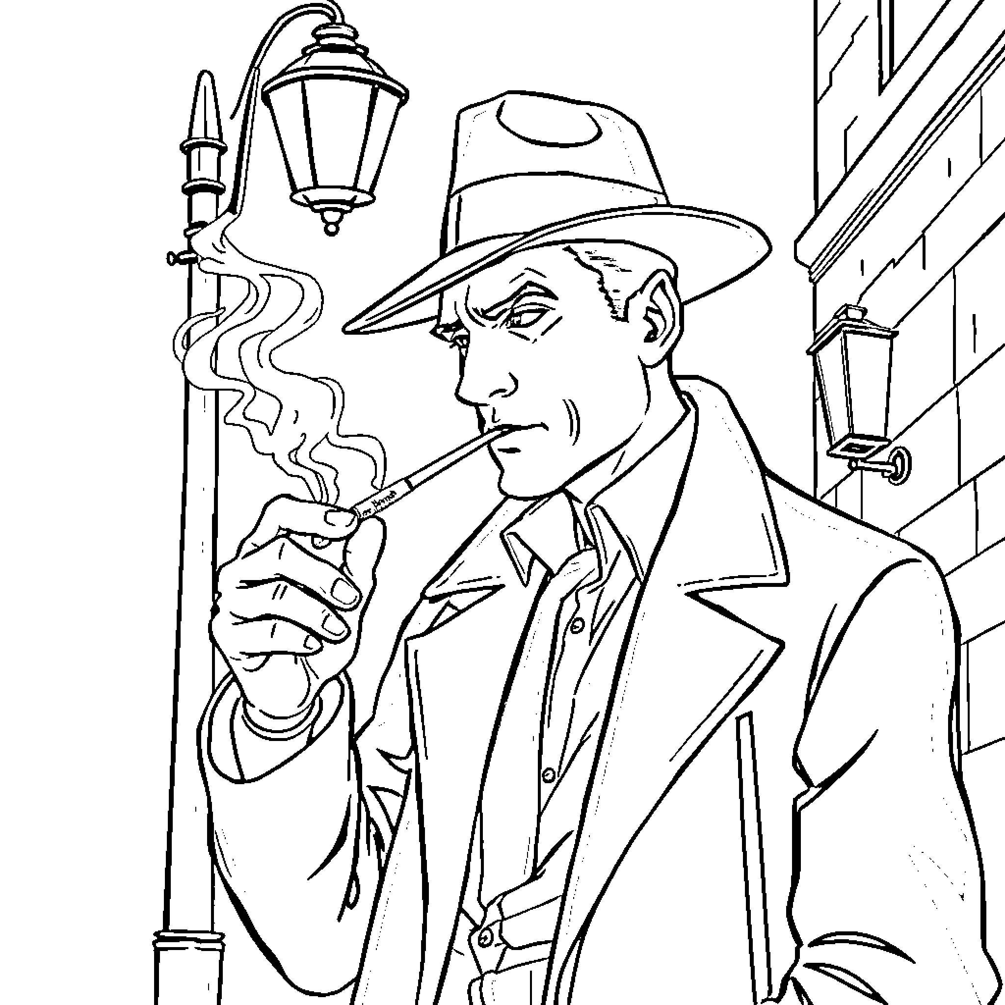 Detective in Serious Contemplation on a Dimly Lit Street Coloring Page (free black-and-white line drawing printable PDF for all, from beginners to advanced learners, including children, teens, adults, and seniors)