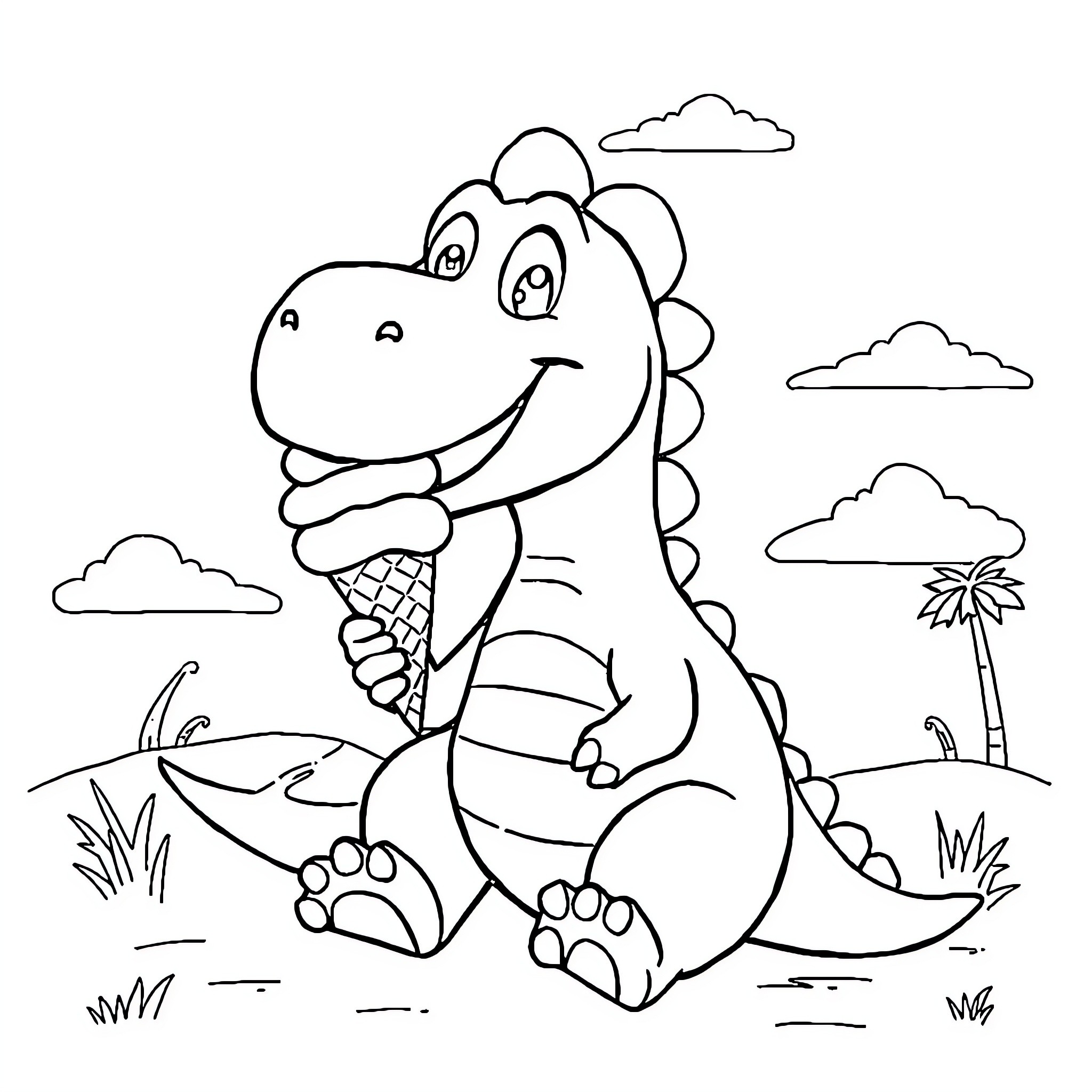 Dinosaur eating ice cream happily in nature Coloring Page (free black-and-white line drawing printable PDF for all, from beginners to advanced learners, including children, teens, adults, and seniors)