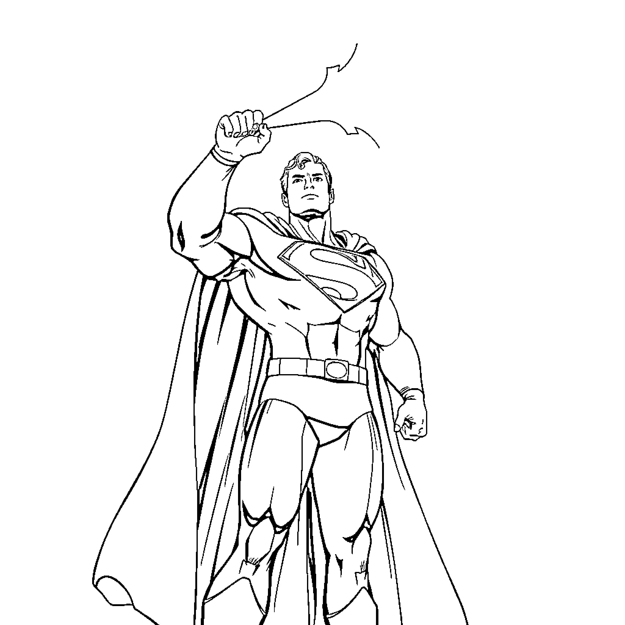 Superman taking heroic action in costume Coloring Page (free black-and-white line drawing printable PDF for all, from beginners to advanced learners, including children, teens, adults, and seniors)