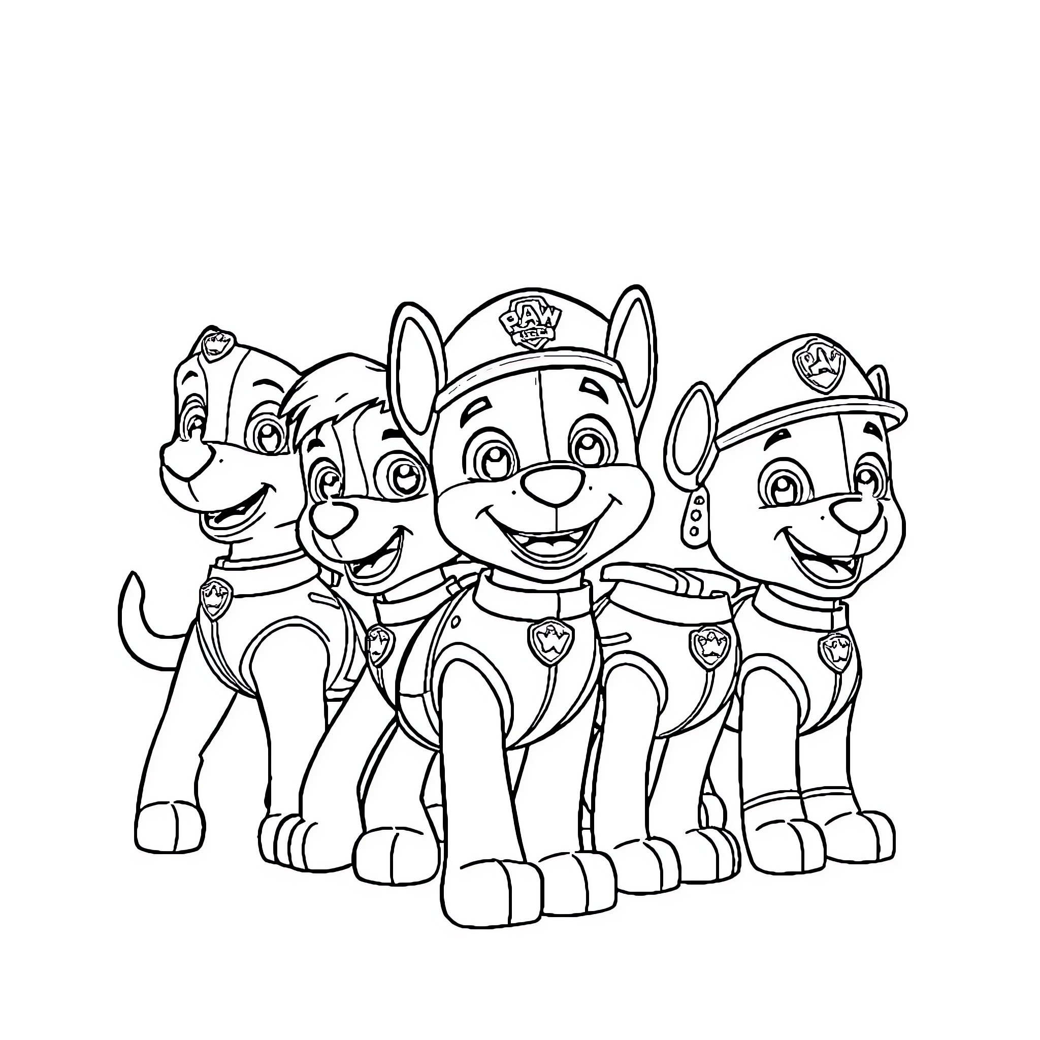 Paw Patrol characters in uniform posing together Coloring Page (free black-and-white line drawing printable PDF for all, from beginners to advanced learners, including children, teens, adults, and seniors)