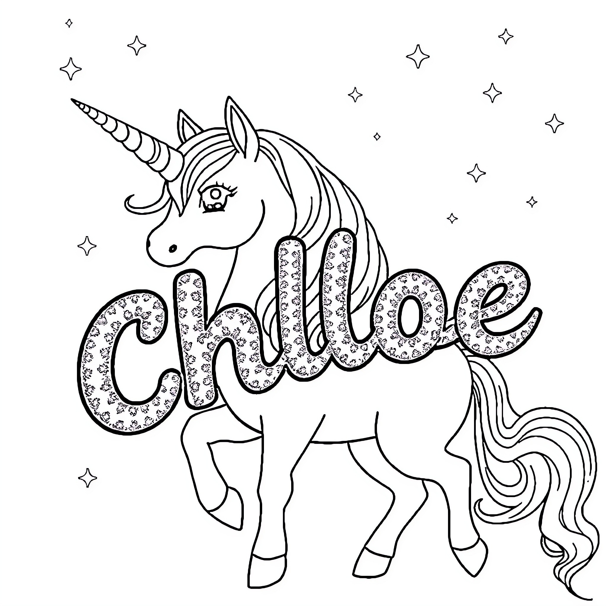 Unicorn with a Magical Name Coloring Page (free black-and-white line drawing printable PDF for all, from beginners to advanced learners, including children, teens, adults, and seniors)
