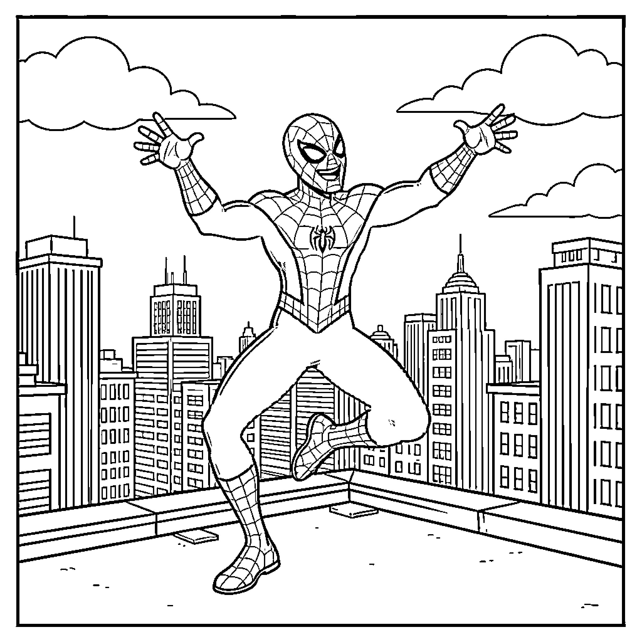 Spider-Man poses heroically on a city rooftop Coloring Page (free black-and-white line drawing printable PDF for all, from beginners to advanced learners, including children, teens, adults, and seniors)