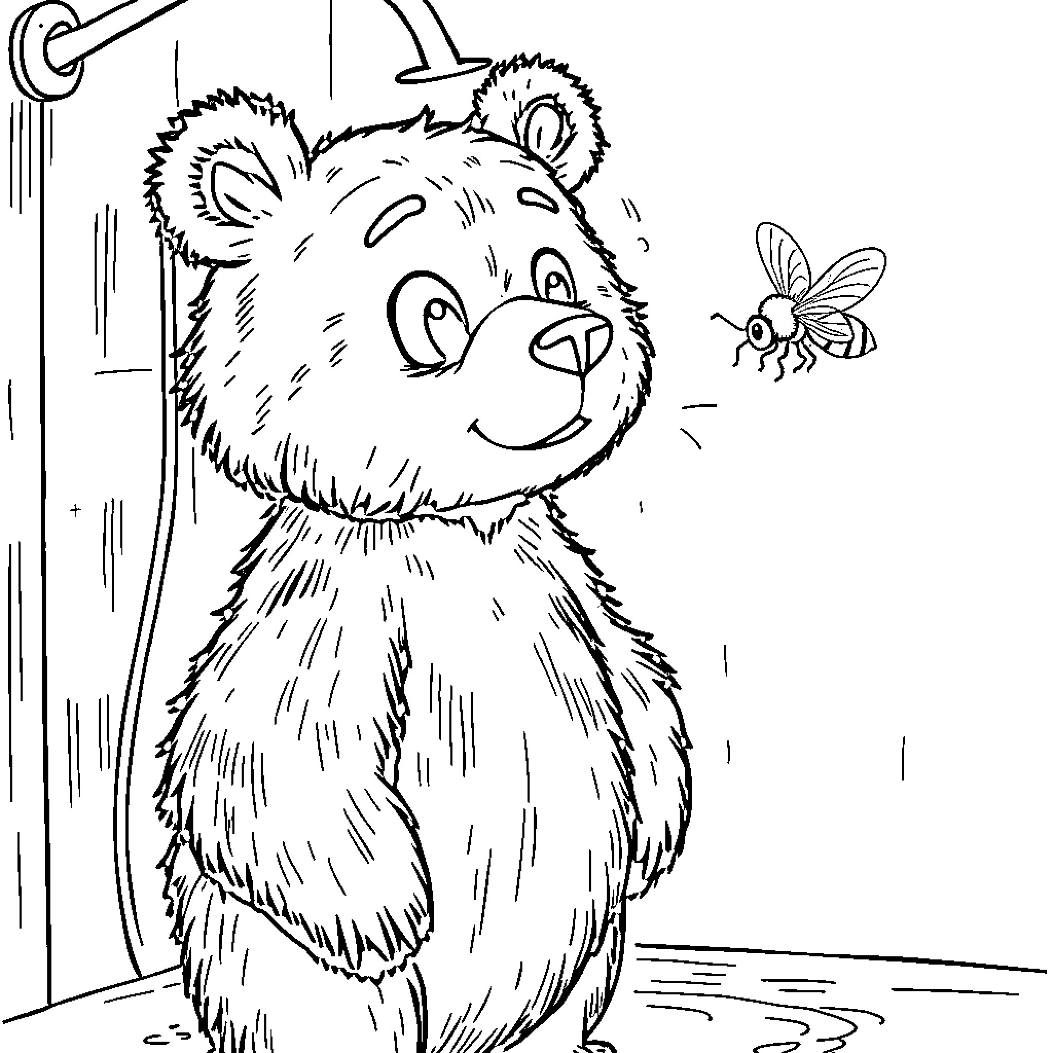 Bear playing with bee in the shower Coloring Page (free black-and-white line drawing printable PDF for all, from beginners to advanced learners, including children, teens, adults, and seniors)