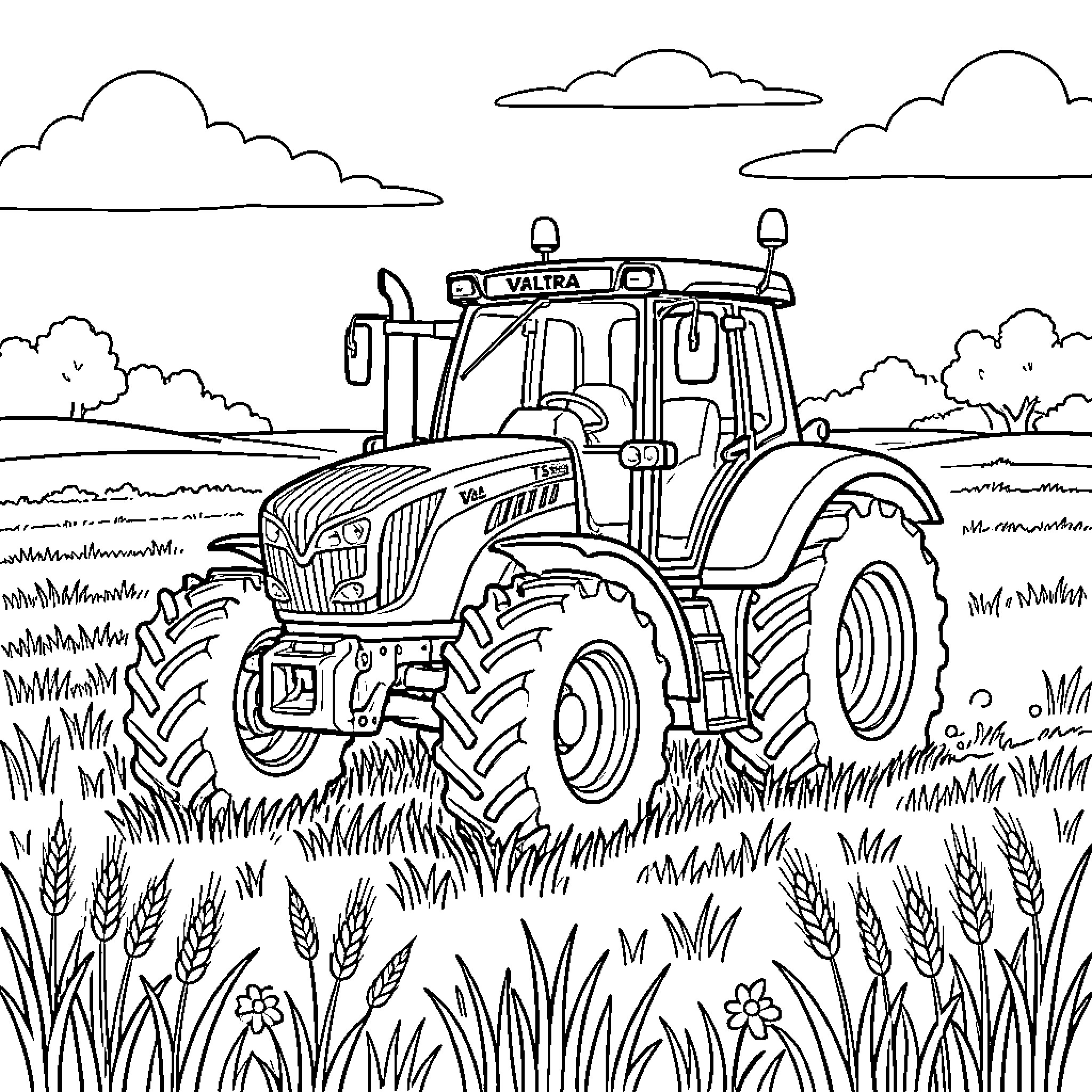 Tractor driving through a field of tall grass Coloring Page (free black-and-white line drawing printable PDF for all, from beginners to advanced learners, including children, teens, adults, and seniors)
