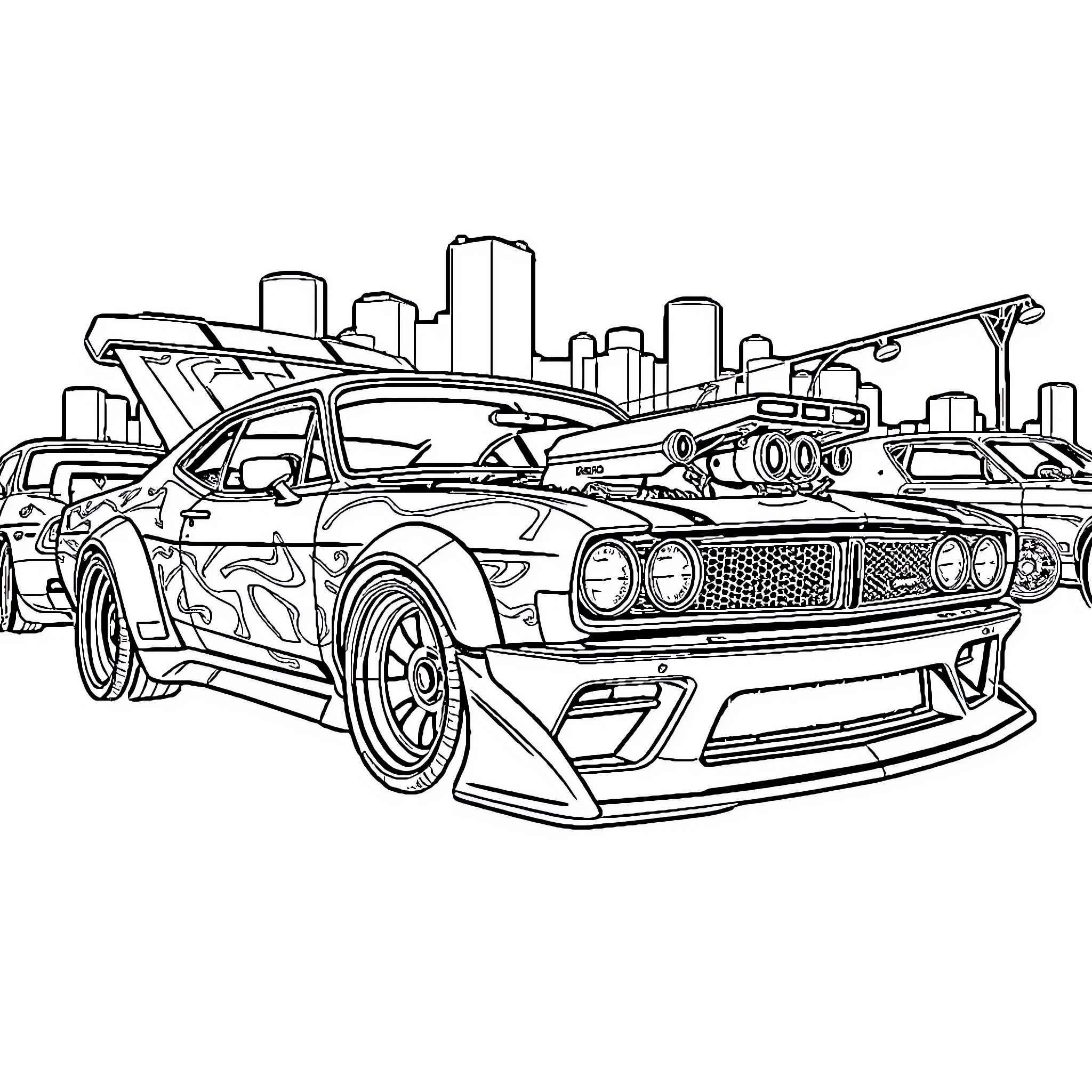 Car Performing Stunts in Futuristic City Coloring Page (free black-and-white line drawing printable PDF for all, from beginners to advanced learners, including children, teens, adults, and seniors)