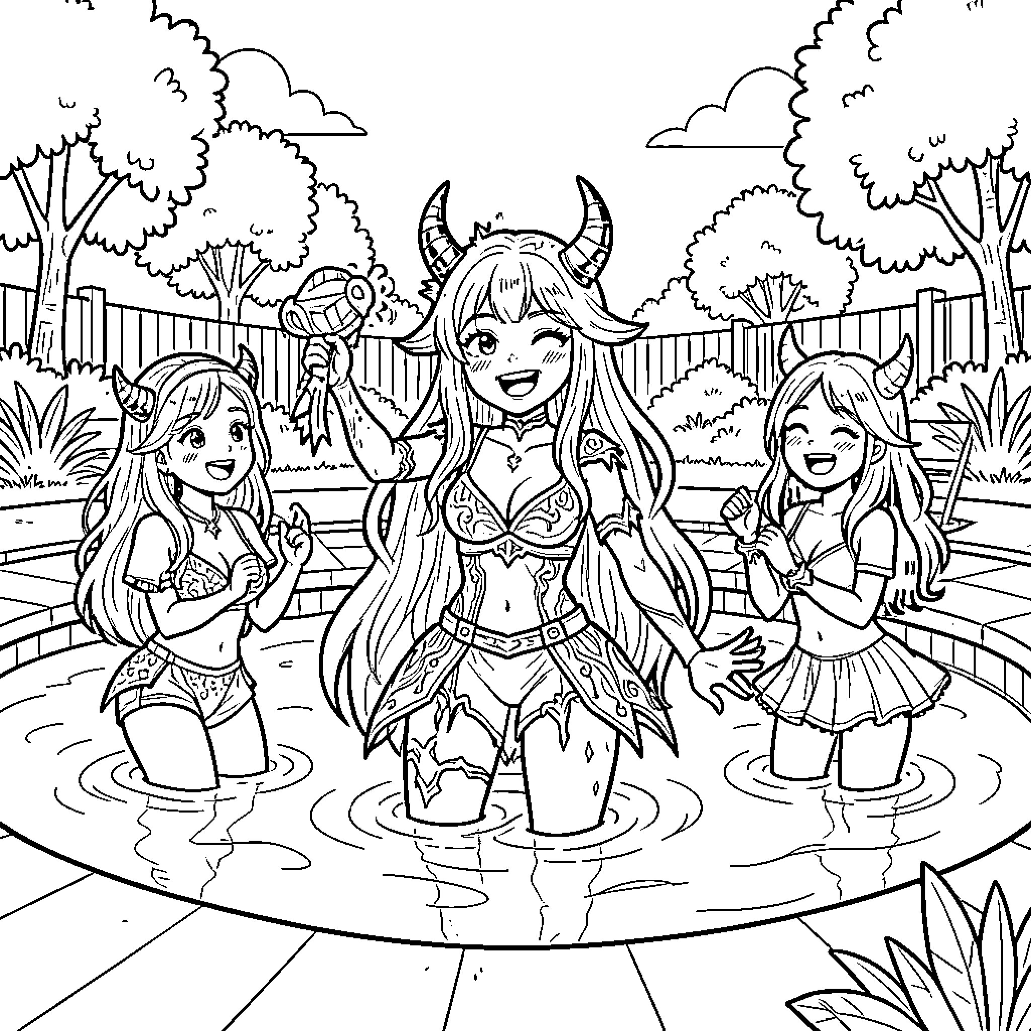 Demon girls enjoying time in a pool Coloring Page (free black-and-white line drawing printable PDF for all, from beginners to advanced learners, including children, teens, adults, and seniors)