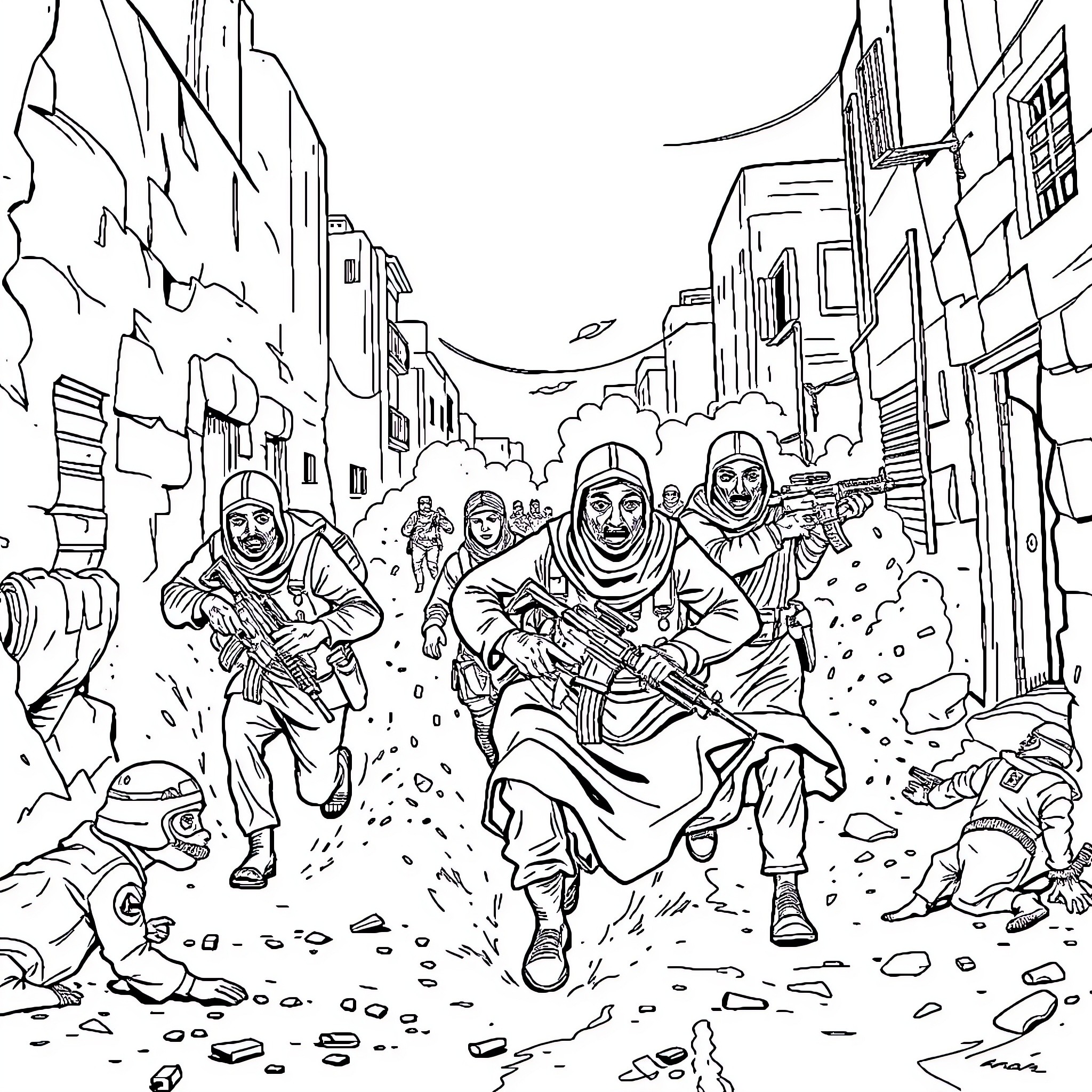 Soldier's Desperate Escape Through Rubble-Strewn Street Coloring Page (free black-and-white line drawing printable PDF for all, from beginners to advanced learners, including children, teens, adults, and seniors)