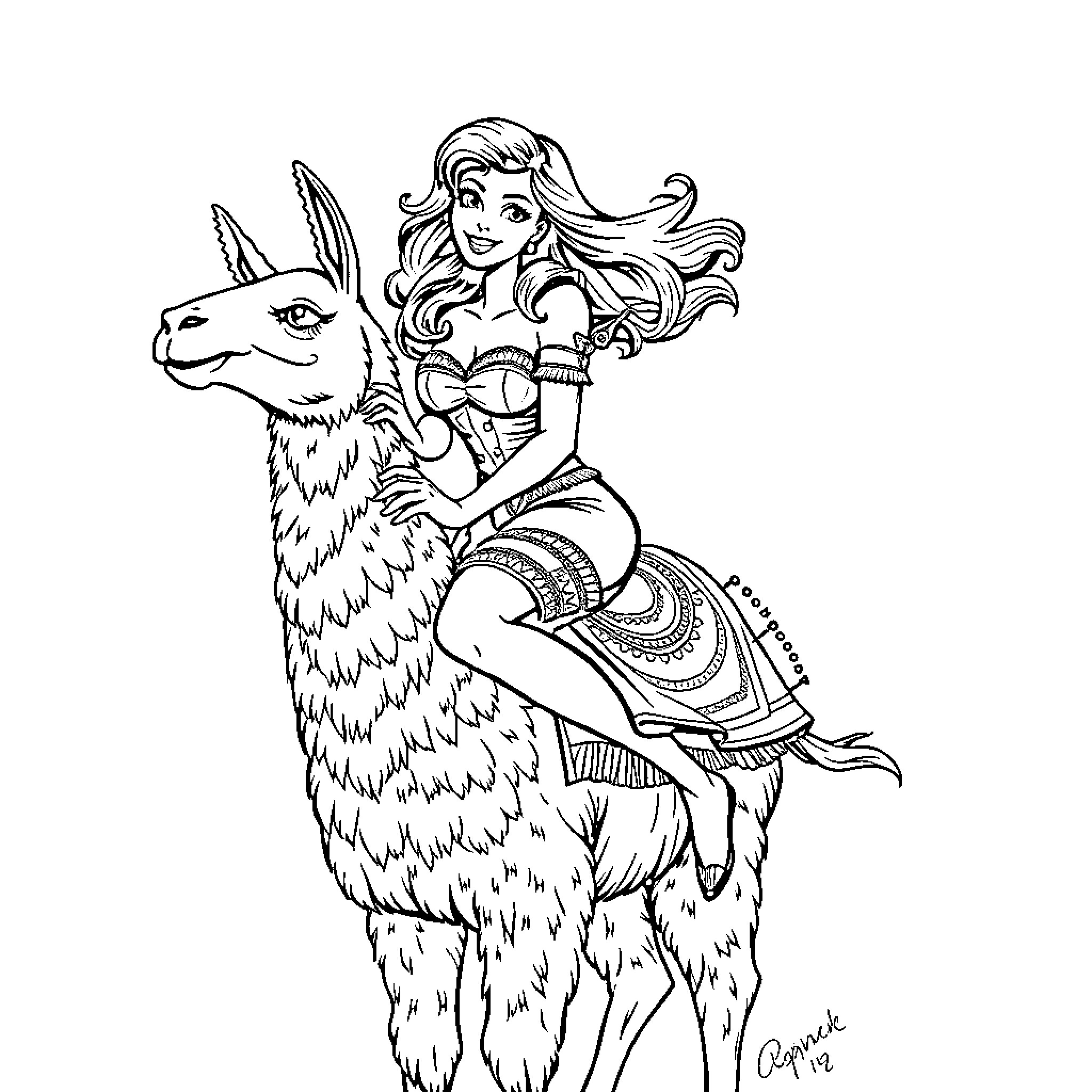 Pin Up Girl Riding a Majestic Llama Coloring Page (free black-and-white line drawing printable PDF for all, from beginners to advanced learners, including children, teens, adults, and seniors)