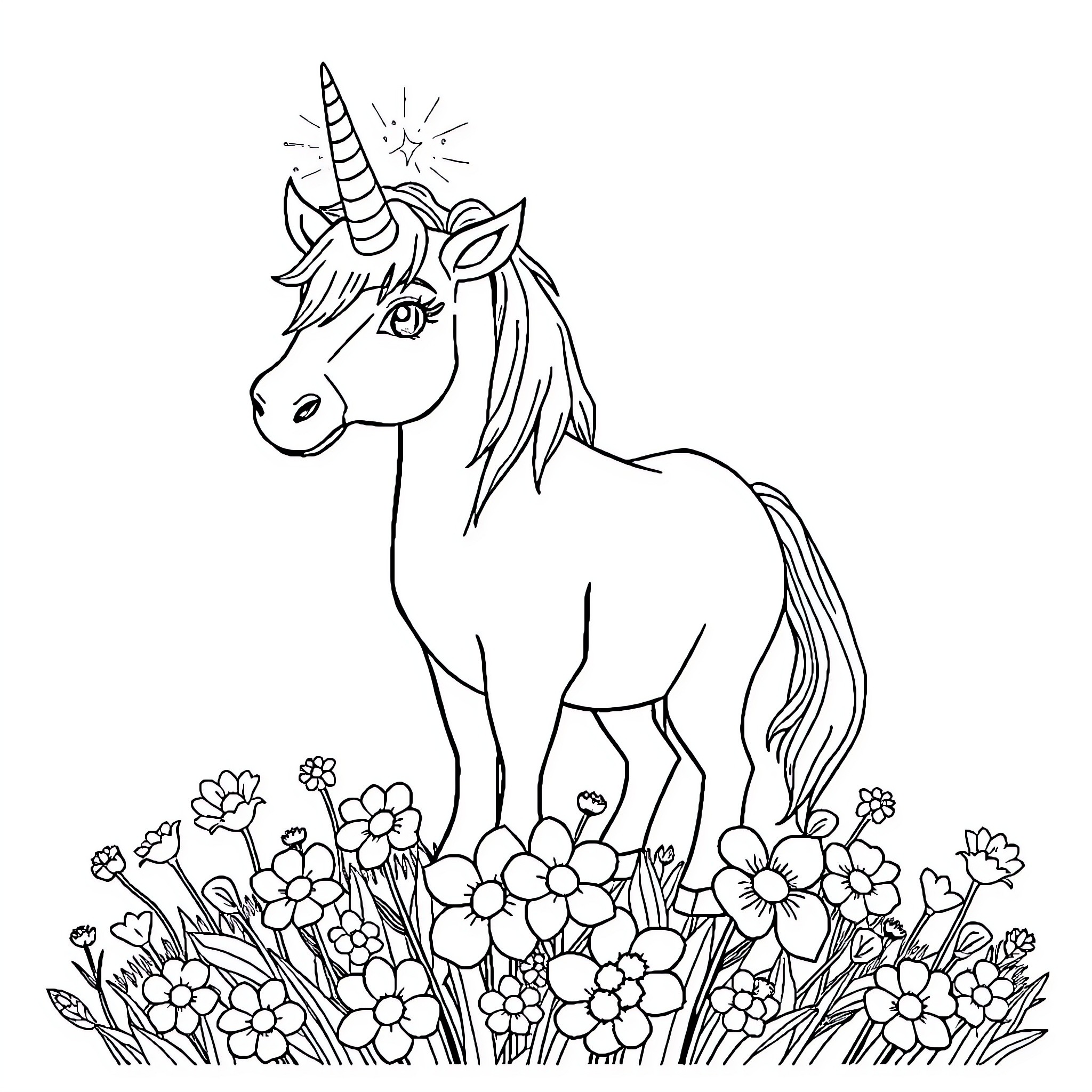 Unicorn standing proudly in a flower field Coloring Page (free black-and-white line drawing printable PDF for all, from beginners to advanced learners, including children, teens, adults, and seniors)
