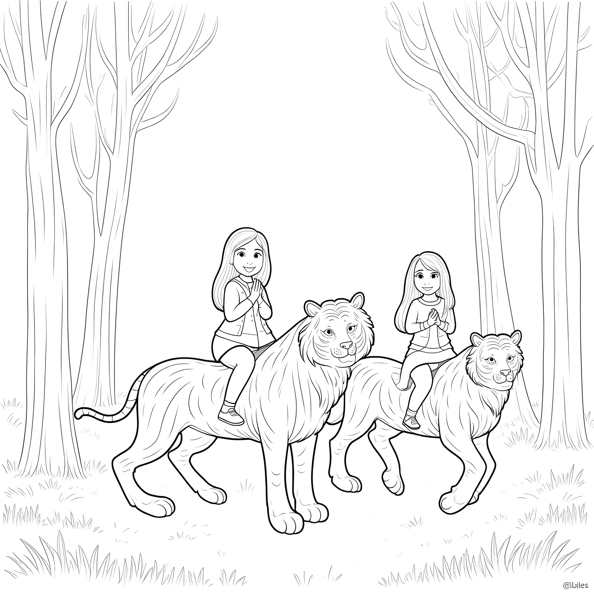 Girls riding tigers in the forest Coloring Page (free black-and-white line drawing printable PDF for all, from beginners to advanced learners, including children, teens, adults, and seniors)