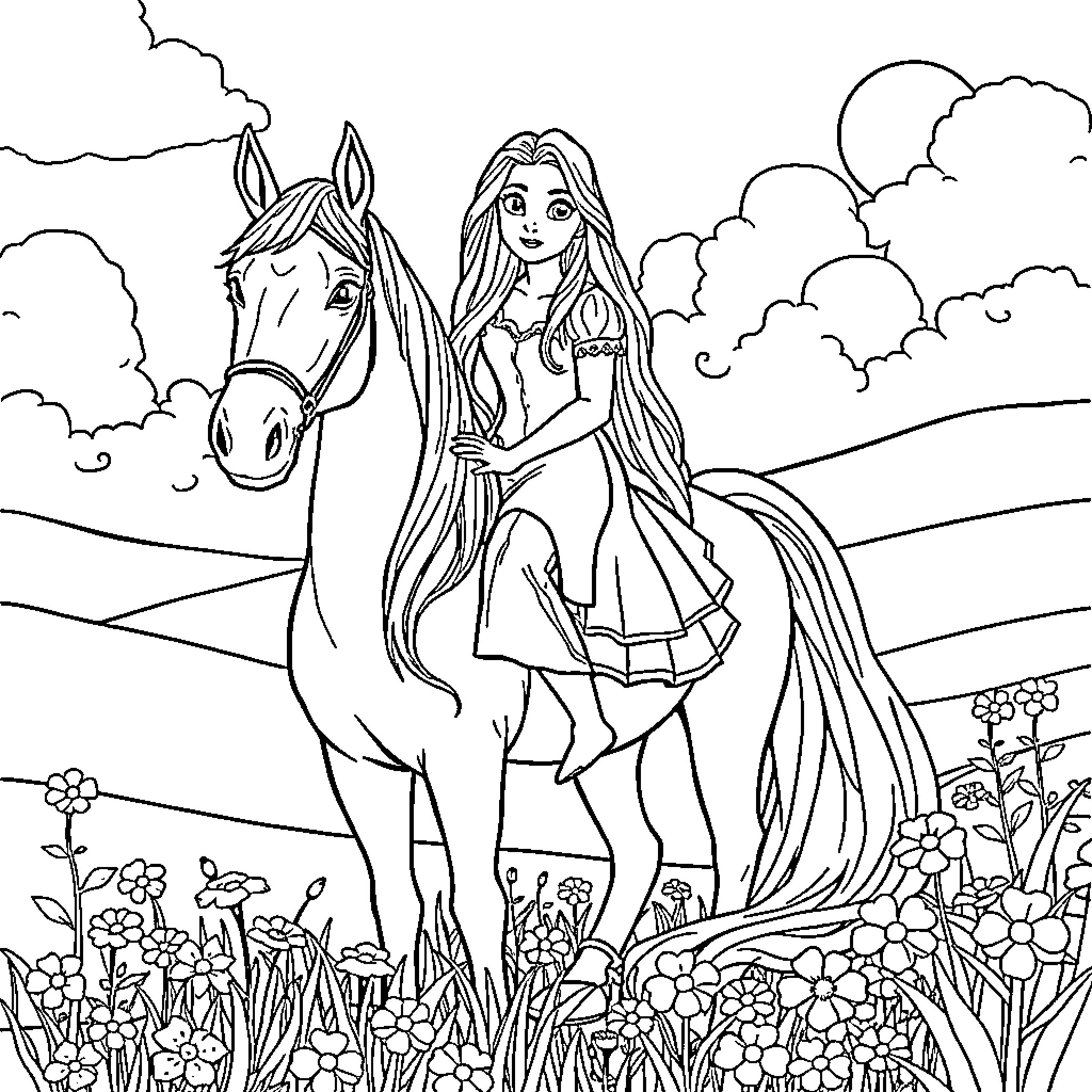Rapunzel riding a horse through a flowery meadow Coloring Page (free black-and-white line drawing printable PDF for all, from beginners to advanced learners, including children, teens, adults, and seniors)