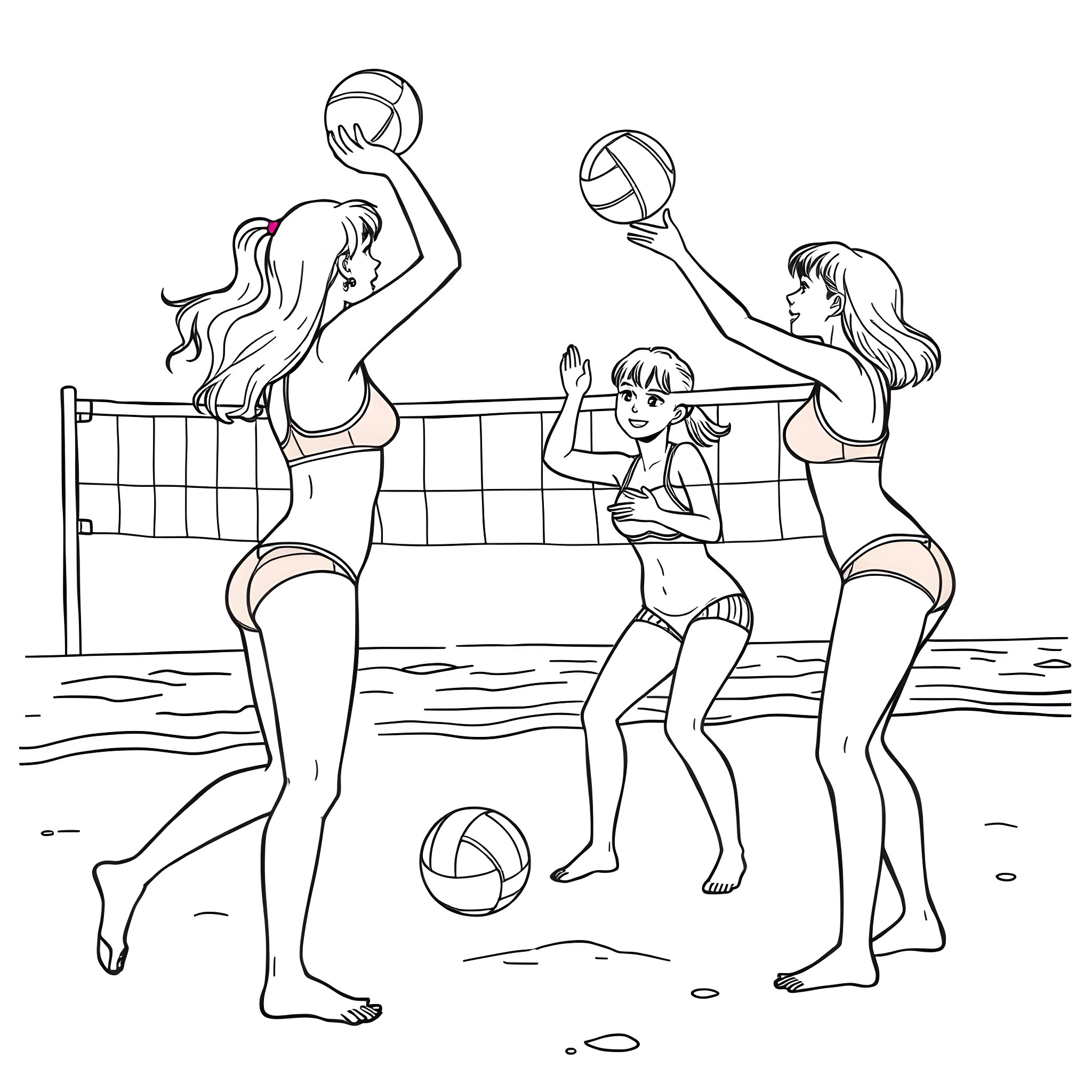 Girls playing beach volleyball on the sand Coloring Page (free black-and-white line drawing printable PDF for all, from beginners to advanced learners, including children, teens, adults, and seniors)