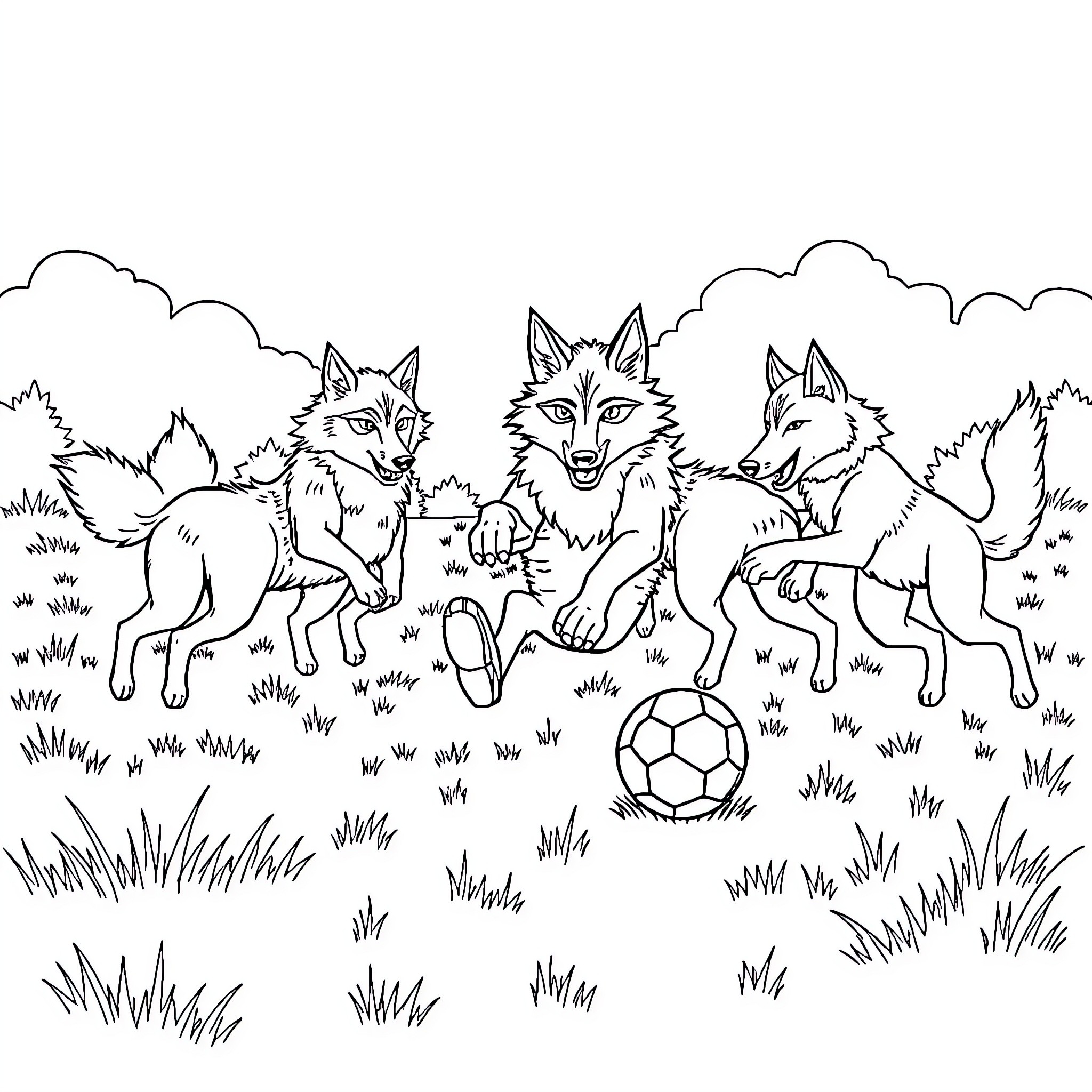 Wolf pack playing with soccer ball in field Coloring Page (free black-and-white line drawing printable PDF for all, from beginners to advanced learners, including children, teens, adults, and seniors)