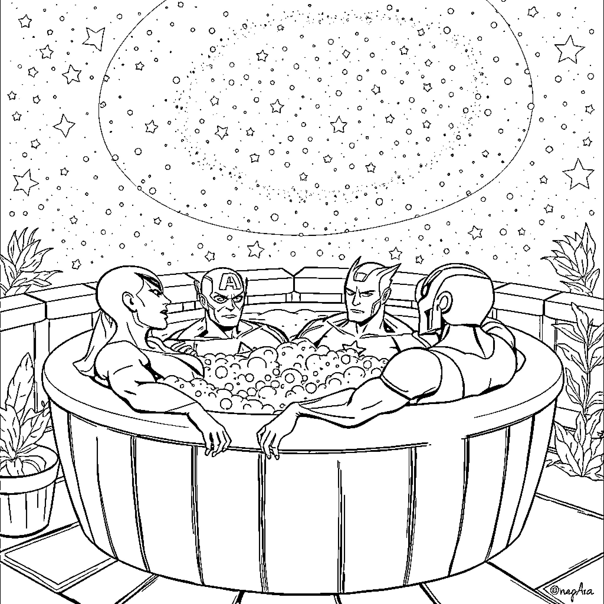 Avenger's Starry Night Getaway Coloring Page (free black-and-white line drawing printable PDF for all, from beginners to advanced learners, including children, teens, adults, and seniors)