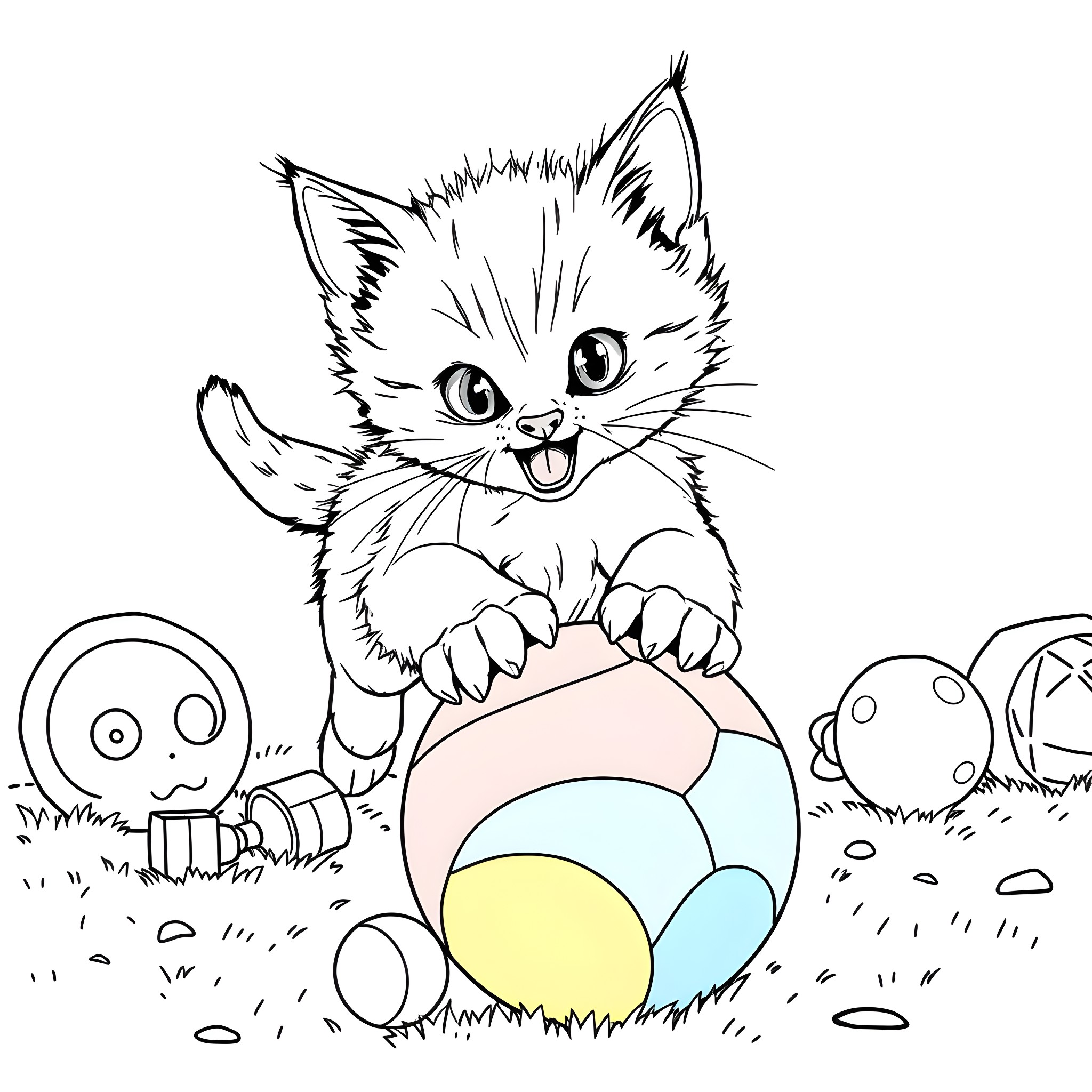 Kitten playing with colorful ball Coloring Page (free black-and-white line drawing printable PDF for all, from beginners to advanced learners, including children, teens, adults, and seniors)