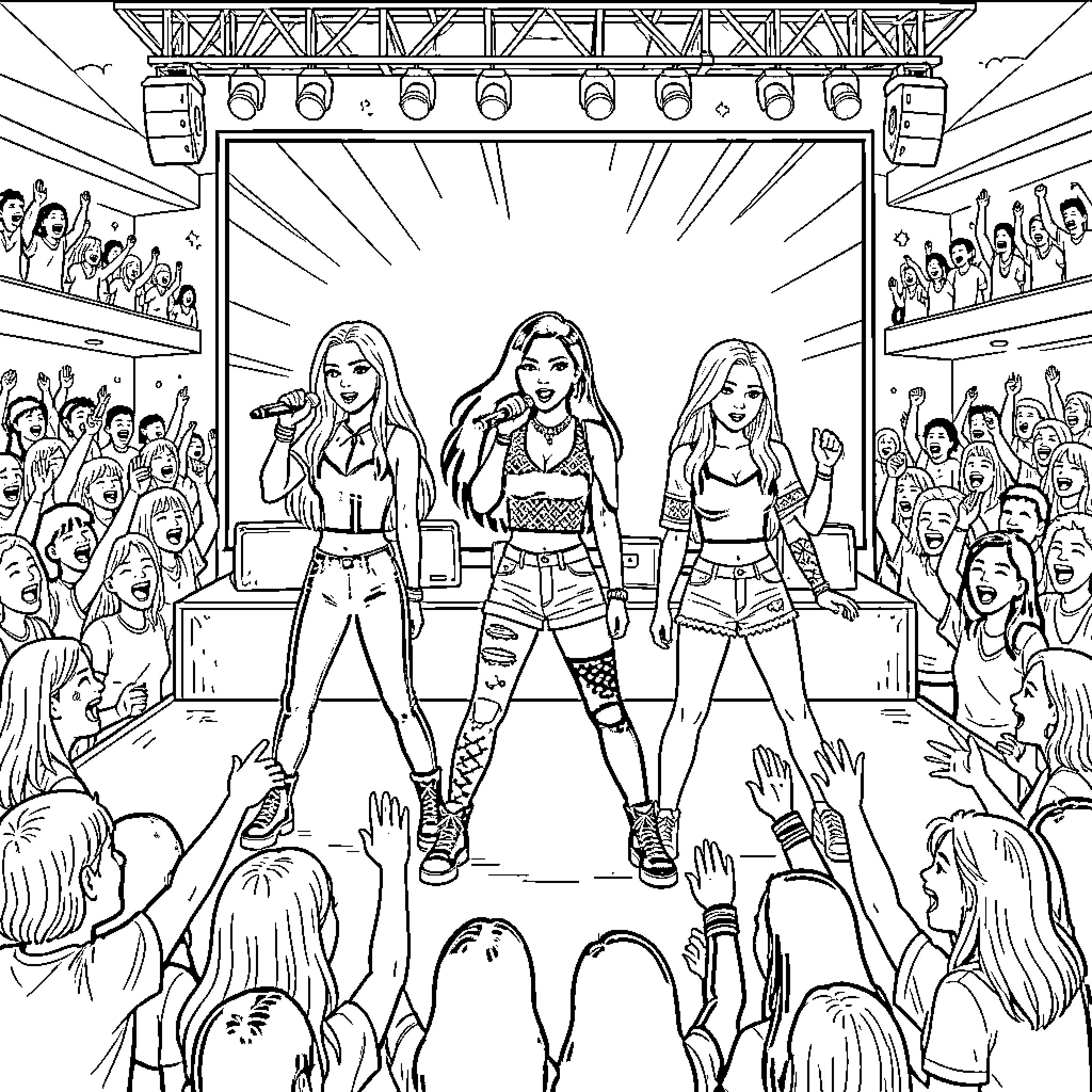 Blackpink performing energetic songs on a concert stage Coloring Page (free black-and-white line drawing printable PDF for all, from beginners to advanced learners, including children, teens, adults, and seniors)