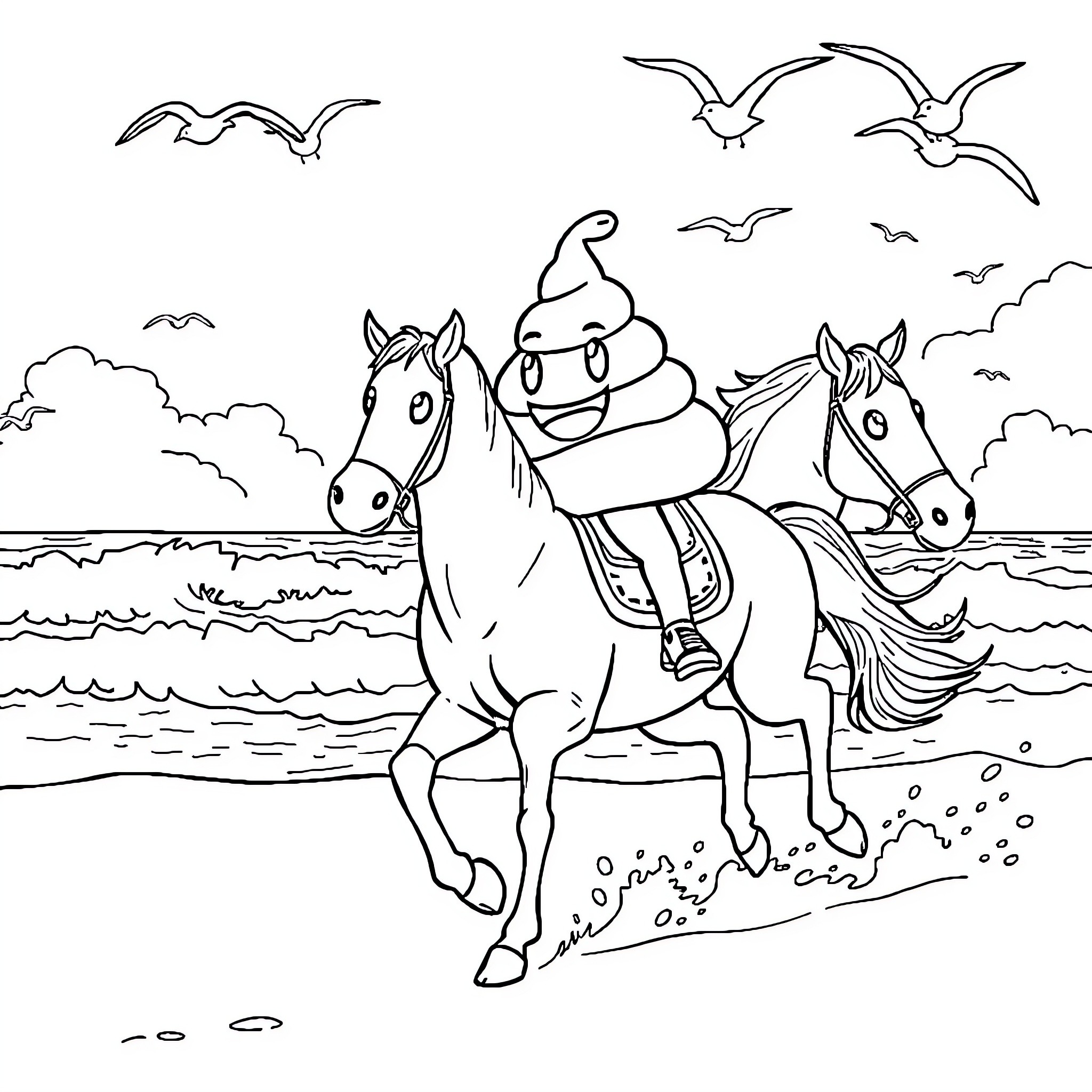 Poop Emoji riding horses on the beach Coloring Page (free black-and-white line drawing printable PDF for all, from beginners to advanced learners, including children, teens, adults, and seniors)