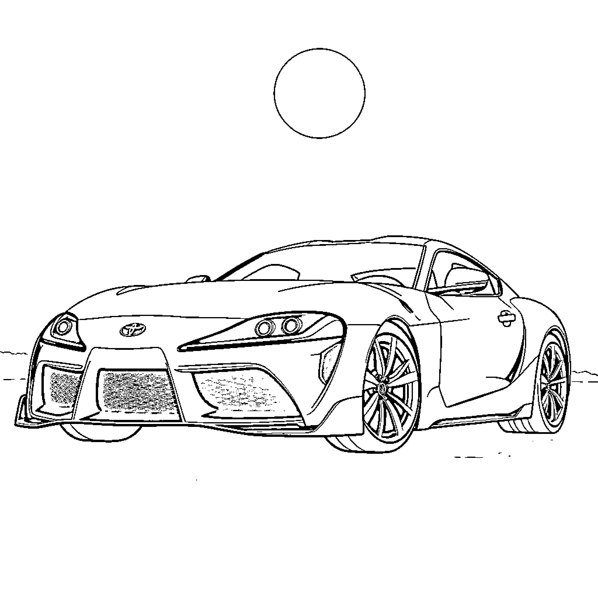 Toyota Supra sports car in simple line drawing Coloring Page (free black-and-white line drawing printable PDF for all, from beginners to advanced learners, including children, teens, adults, and seniors)