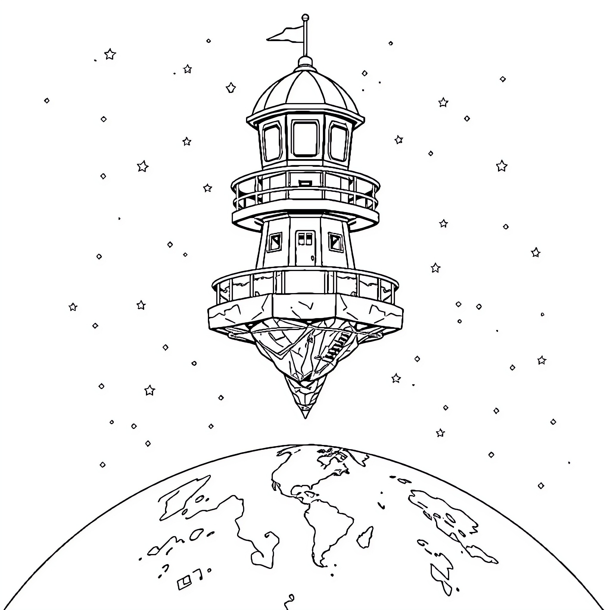 Watchtower floating above the world Coloring Page (free black-and-white line drawing printable PDF for all, from beginners to advanced learners, including children, teens, adults, and seniors)
